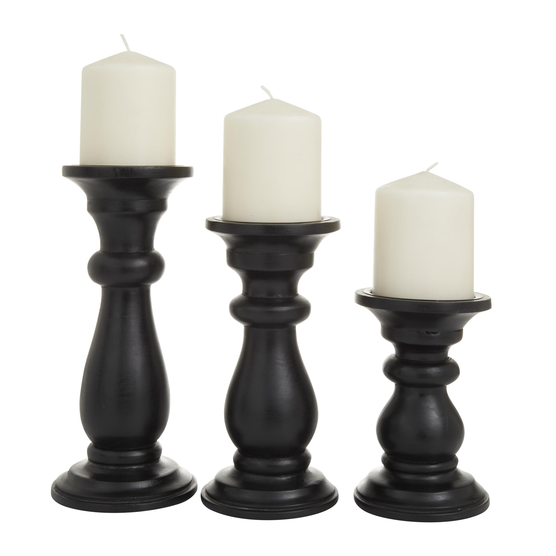 Set of 3 Mango Wood Turned Style Pillar Decorative Candle Holder