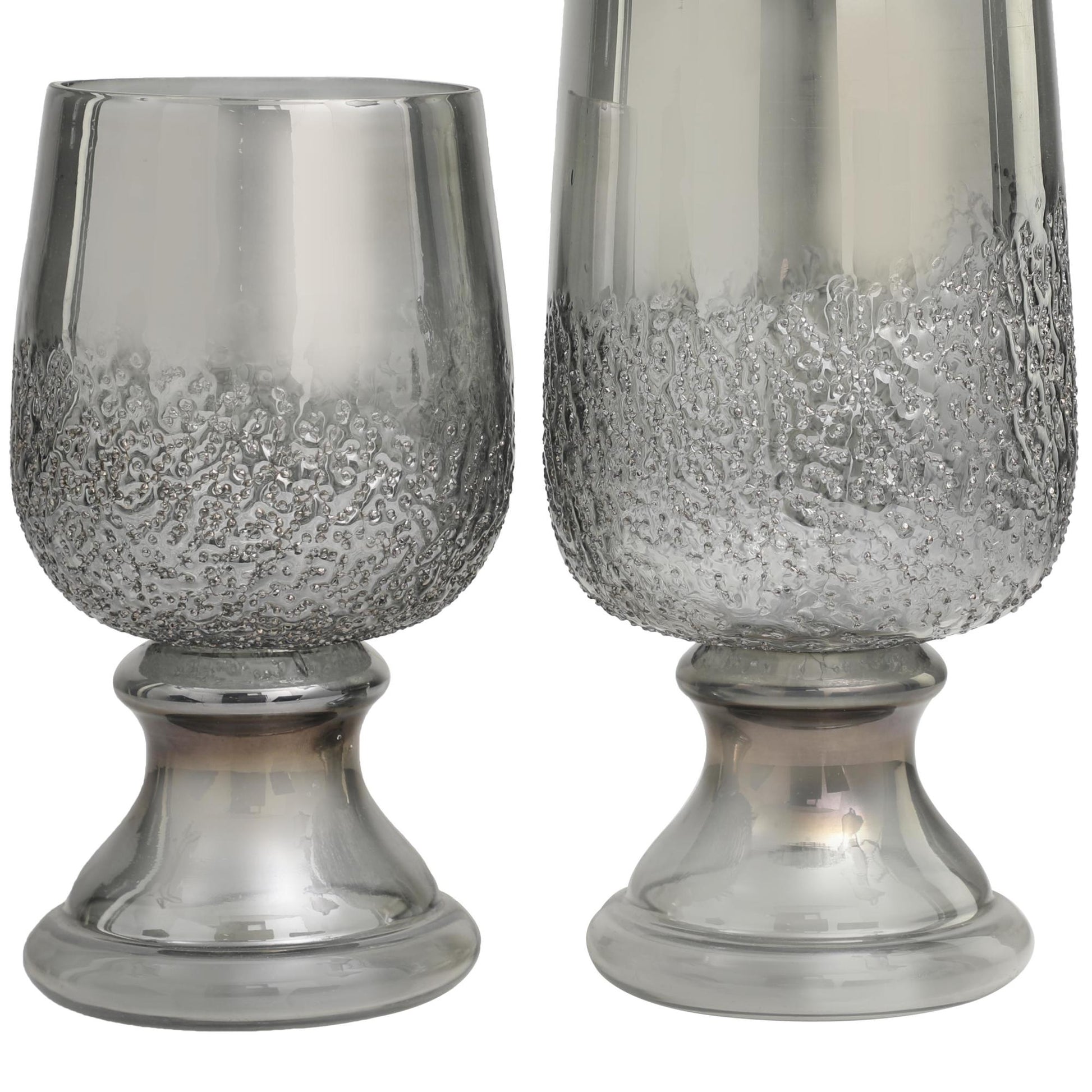 Set of 2 Gray Glass Tinted Decorative Candle Holder with Textured Exterior