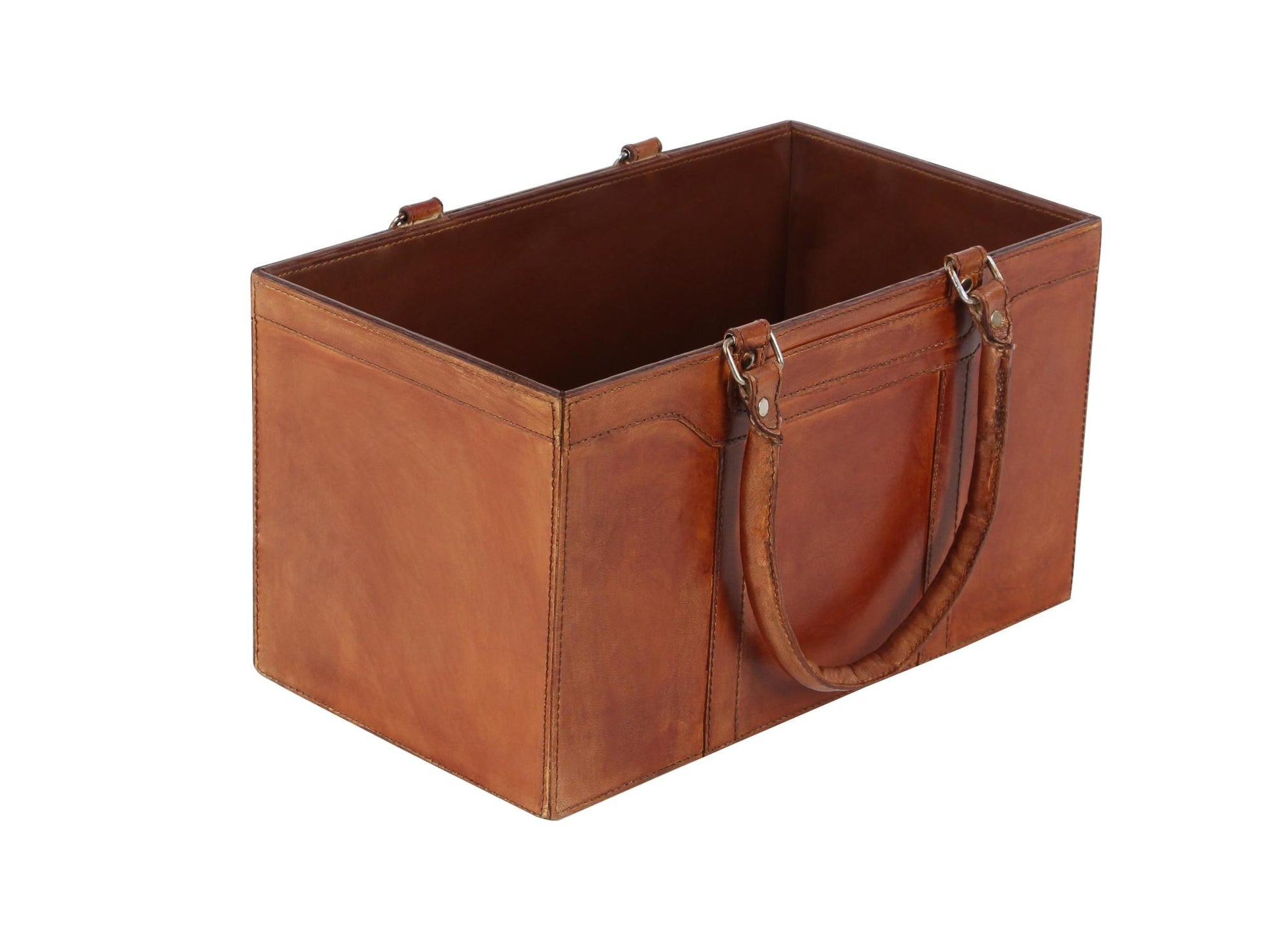 Brown Leather Handmade Box Style Decorative Magazine Holder with Detail Stitching and Curved Handles
