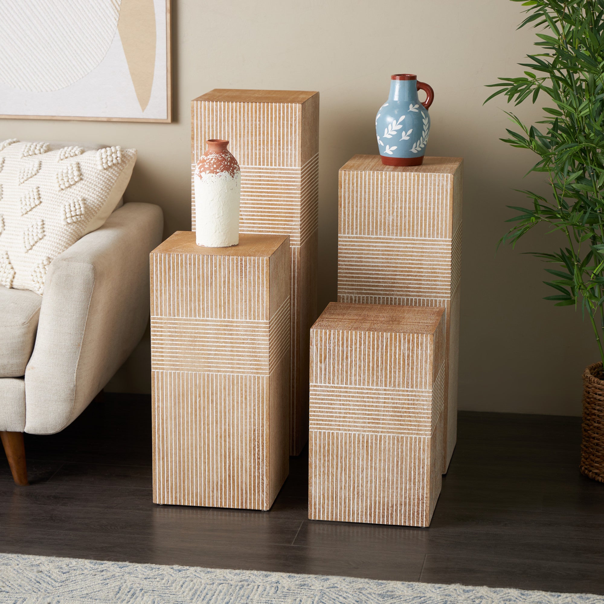 Set of 4 Brown Wood Pillar Style Side End Pedestal Table with Various Sizes
