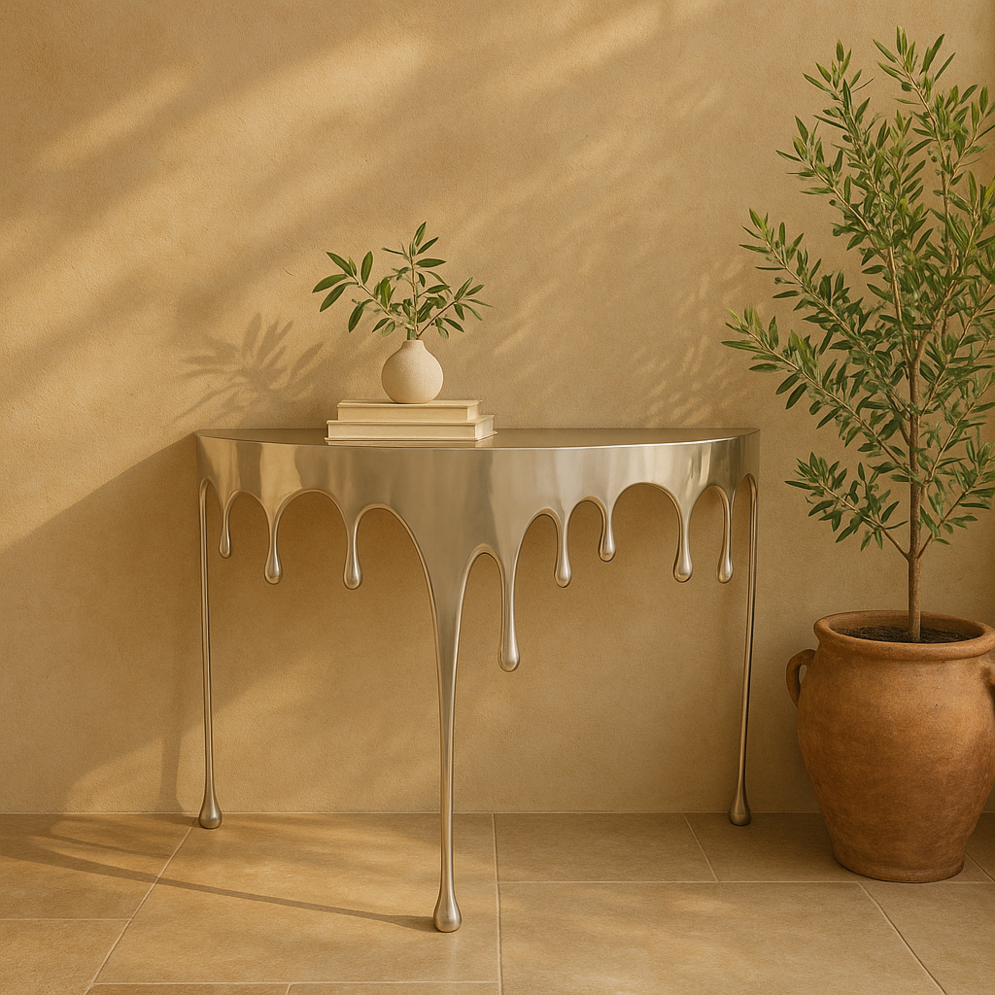 Abstract Aluminum Metal Drip Living Room Console Table with Melting Designed Legs and Shaded Glass Top 36" x 14" x 32"