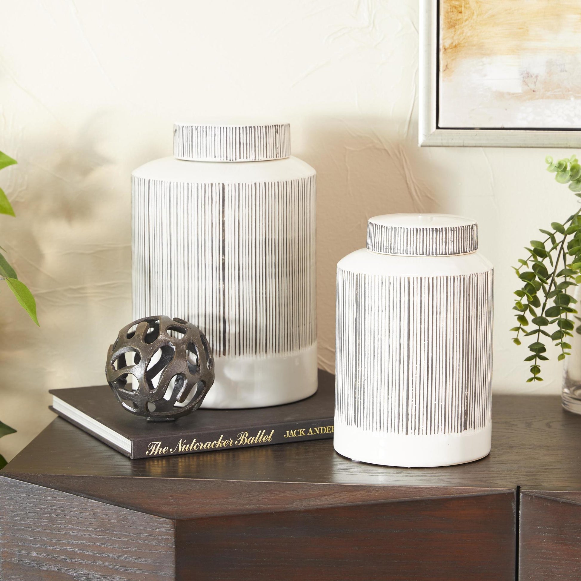 CosmoLiving by Cosmopolitan Set of 2 White Ceramic Striped Living Room Decorative Jars