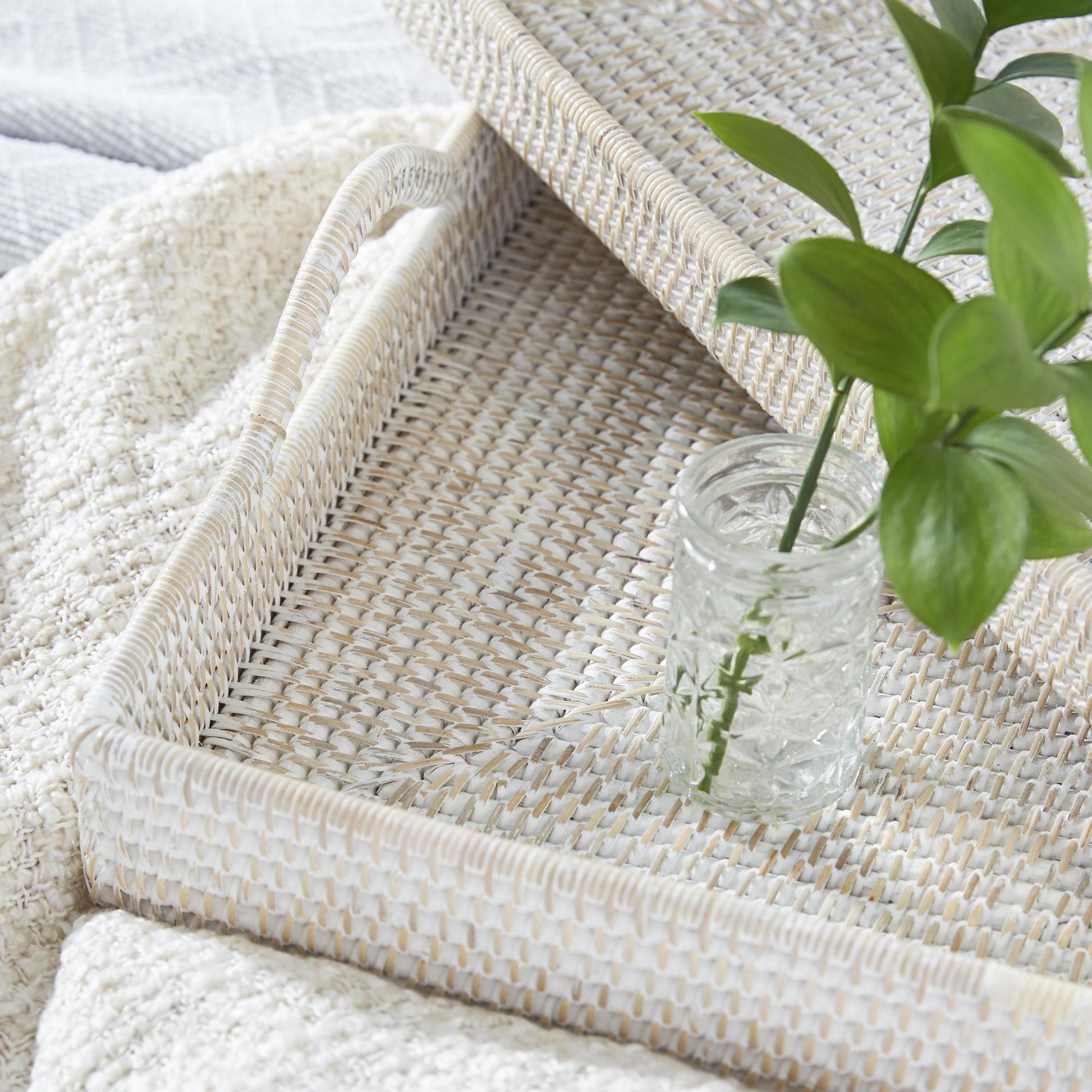 Set of 2 Rattan Large Rectangular Woven Living Room Decor Tray