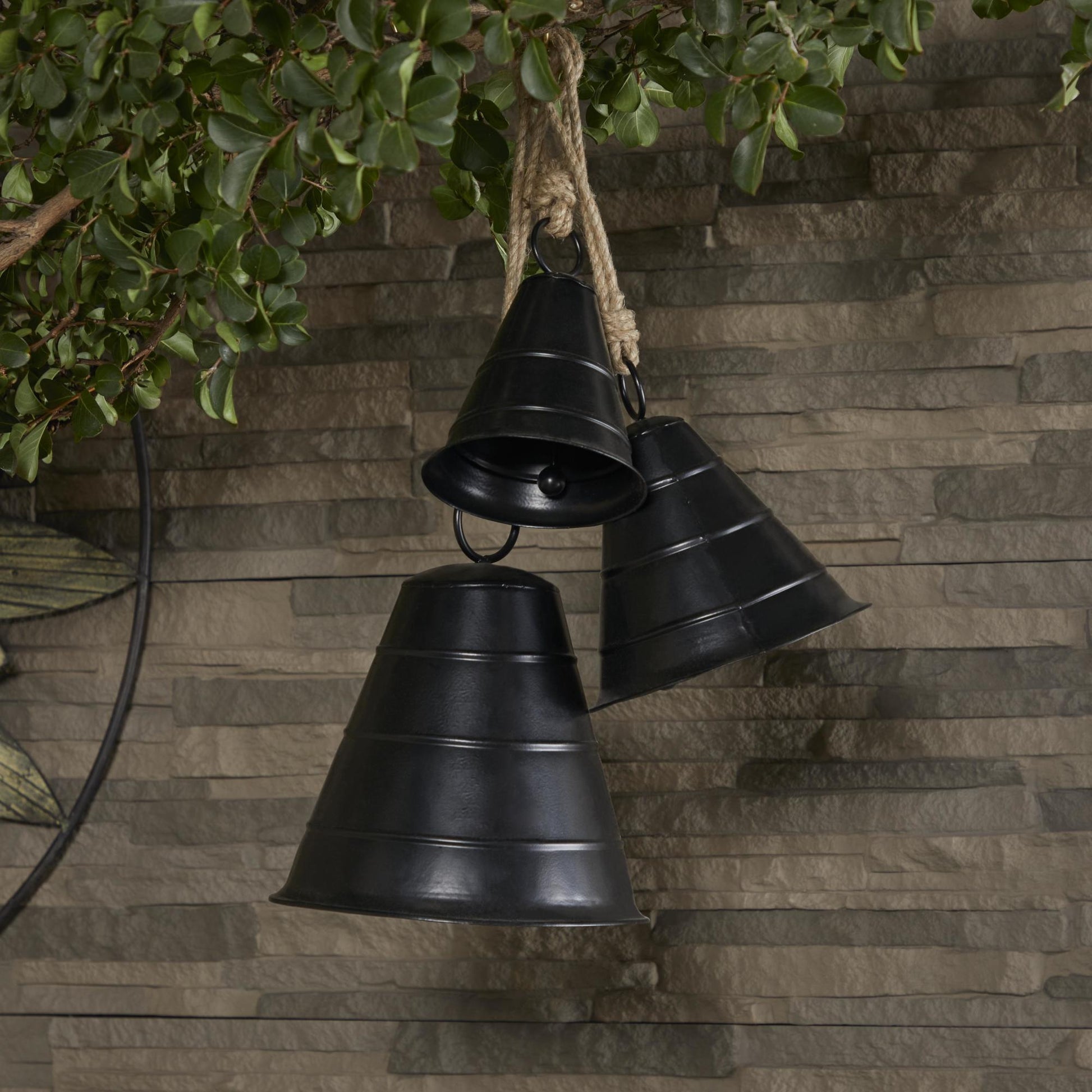 Set of 3 Metal Tibetan Inspired Indoor Outdoor Decorative Cow Bells with Jute Hanging Rope