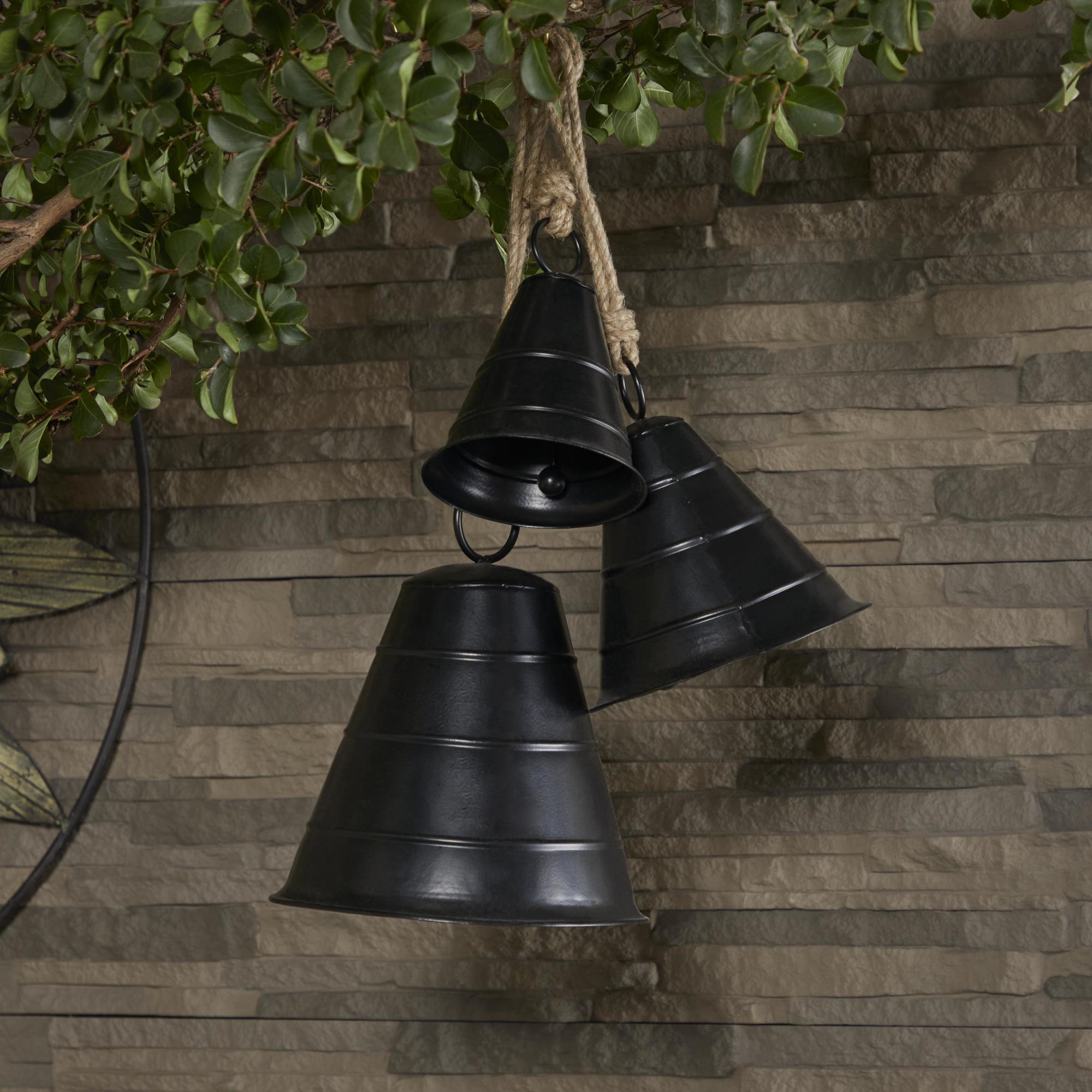 Set of 3 Metal Tibetan Inspired Indoor Outdoor Decorative Cow Bells with Jute Hanging Rope