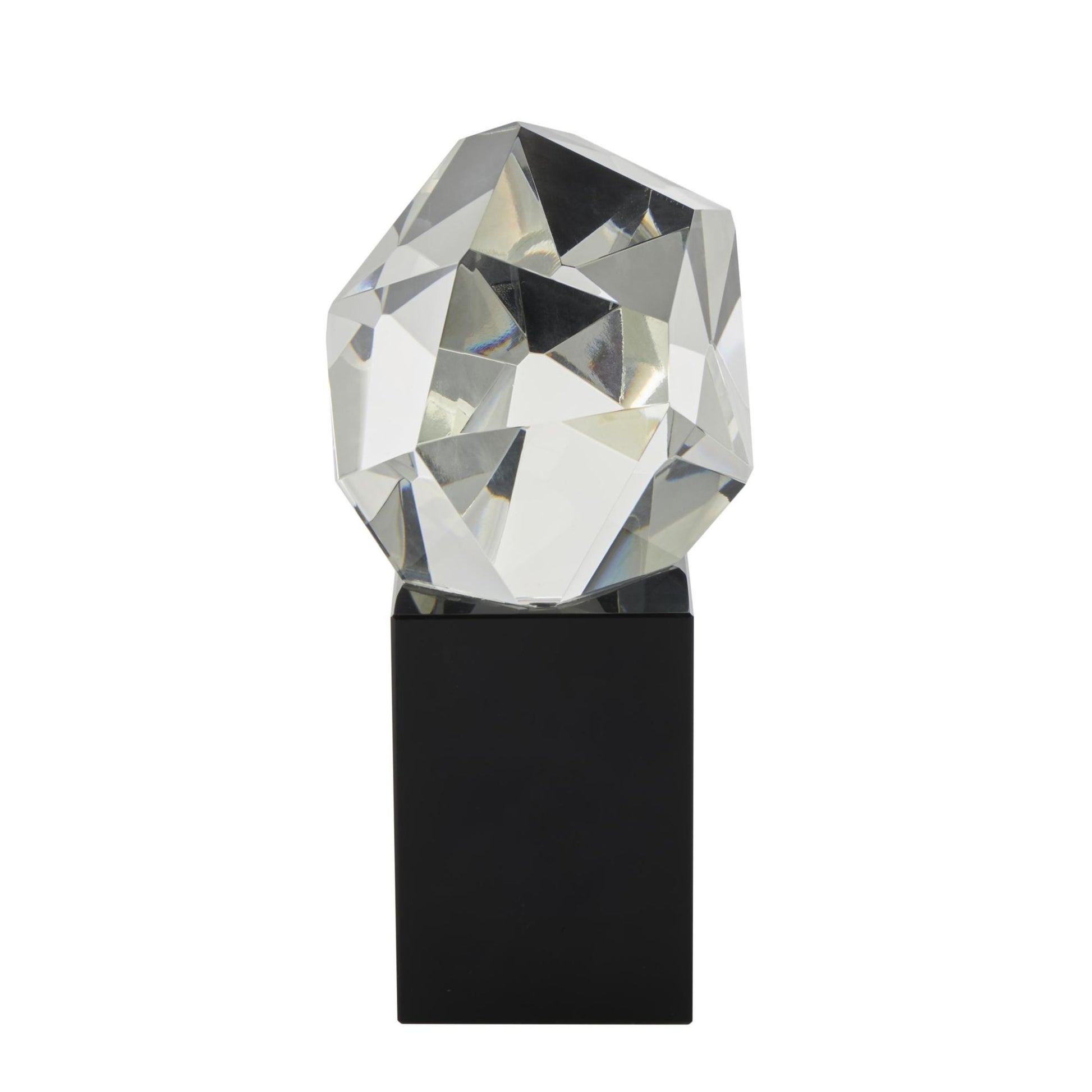 Geometric Clear Glass Cut Stone Inspired Decorative Sculpture with Black Base