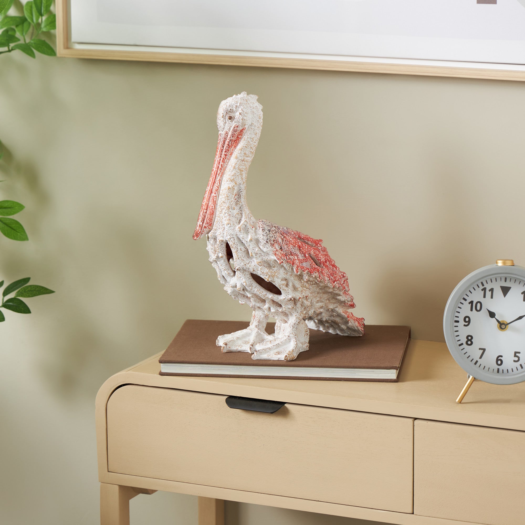 Pelican Polystone Textured Decorative Sculpture with Red Feathers 10" x 6" x 14"