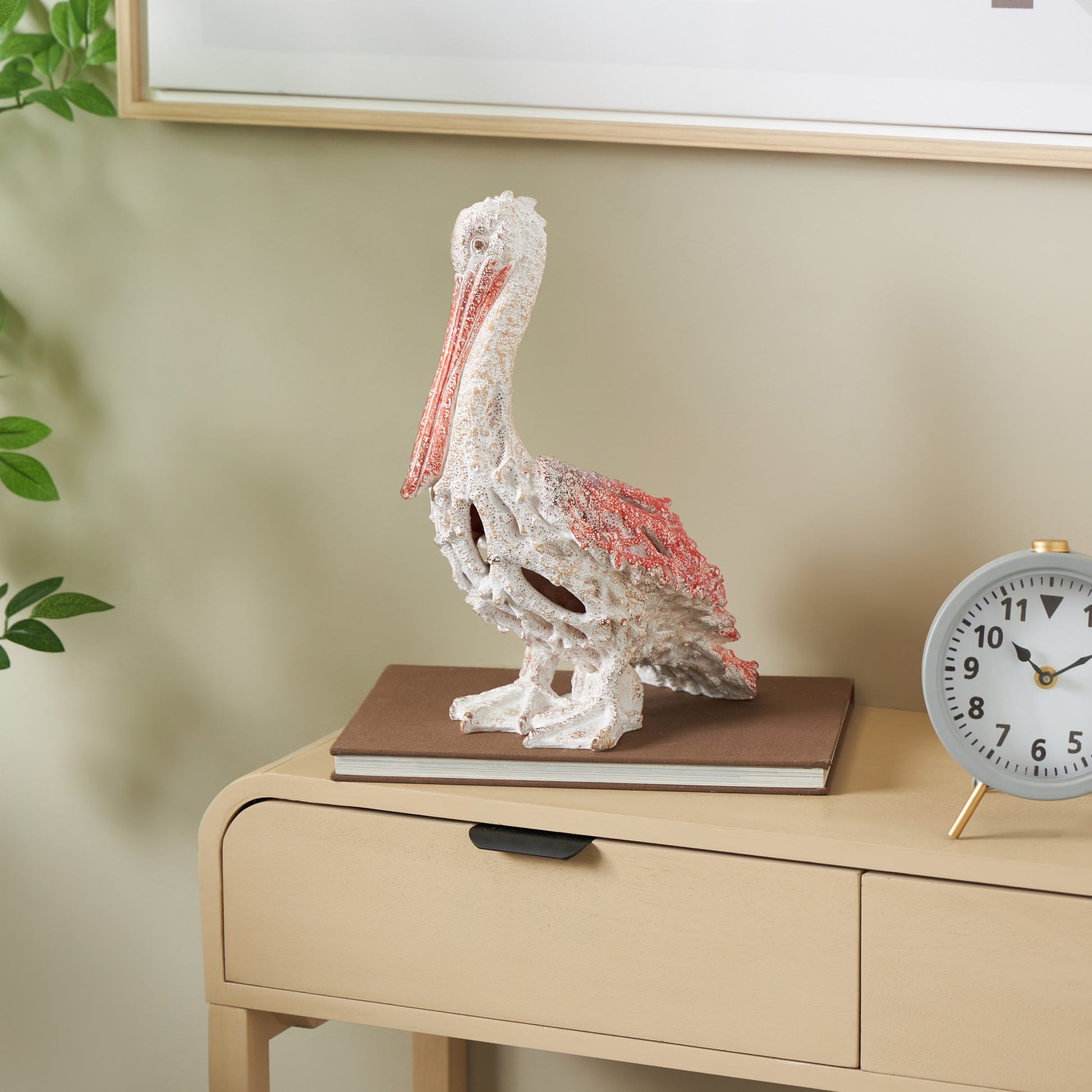 Pelican Polystone Textured Decorative Sculpture with Red Feathers 10" x 6" x 14"