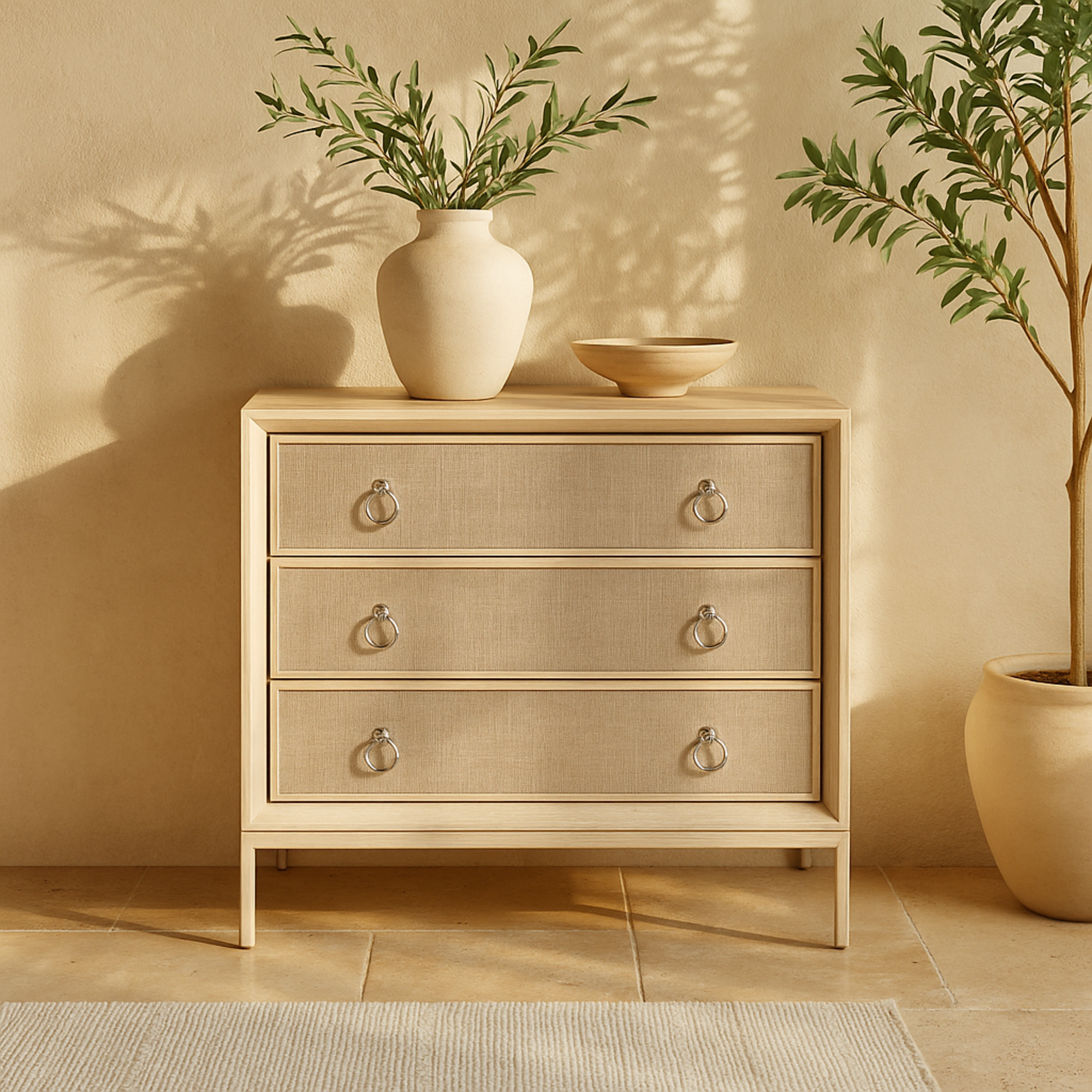 Beige Wooden Upholstered Front Panel 3 Drawer Room Chest with Mirrored Top and Ring Handles