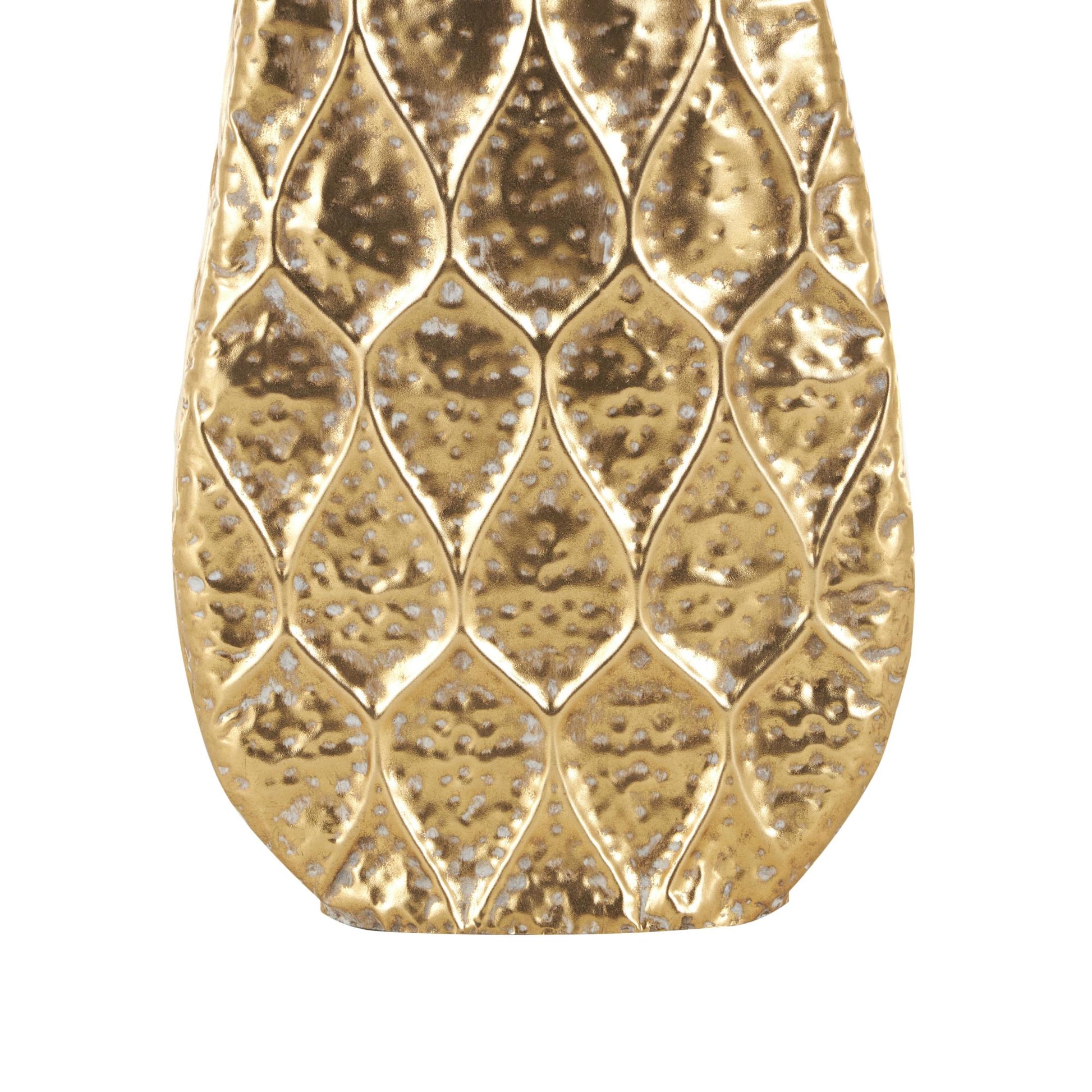 Gold Metal Textured Concaved Teardrop Decorative Vase with Peacock Inspired Design
