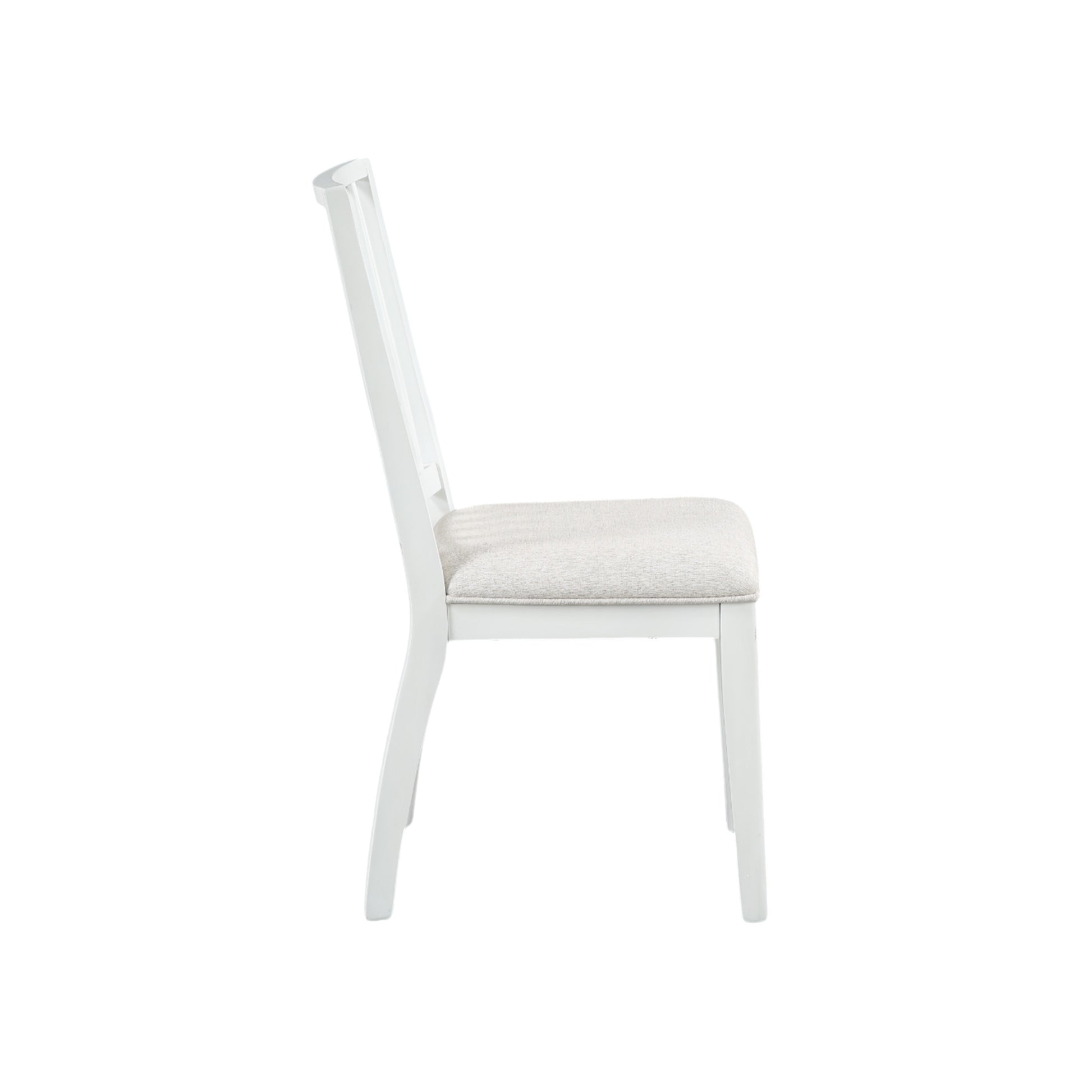 Set of 2 White Wood Kitchen Dining Chair with Light Gray Fabric Seat and Slatted Back