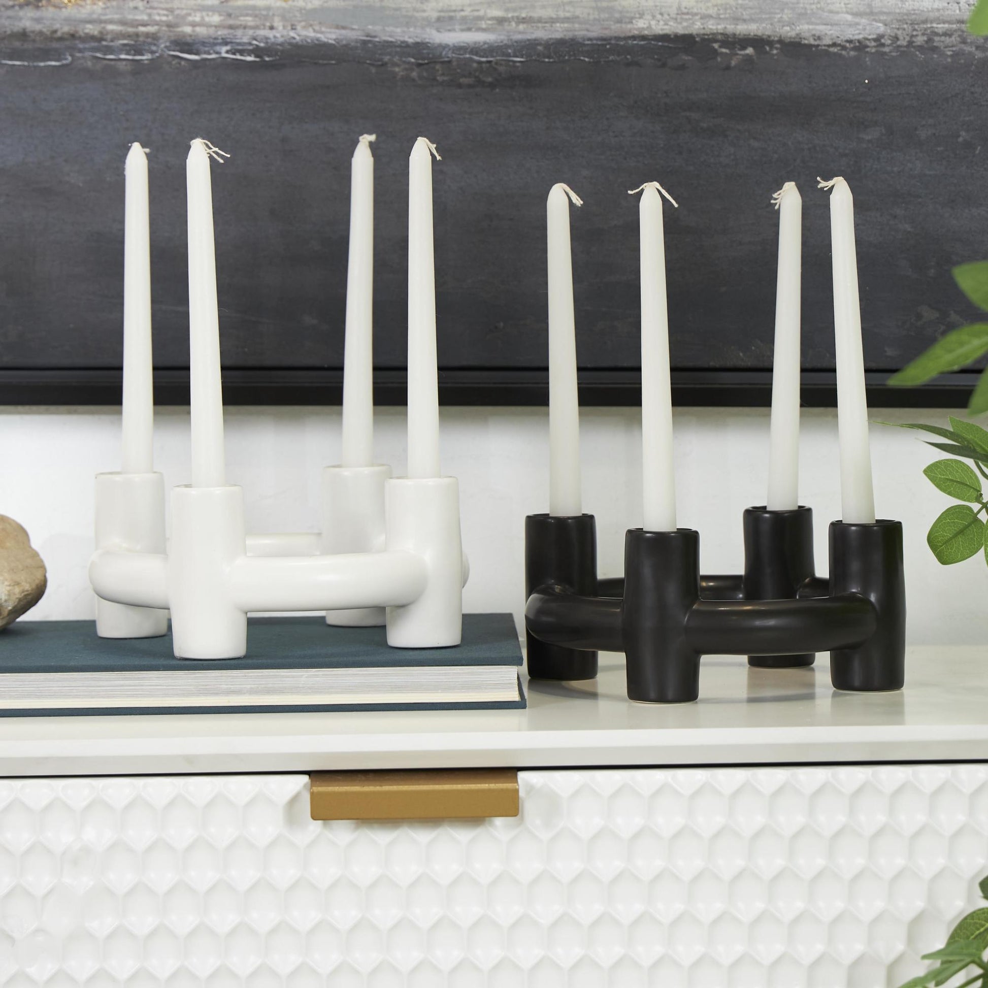 CosmoLiving by Cosmopolitan Set of 2 Geometric Black Ceramic Circle Decorative Candle Holder