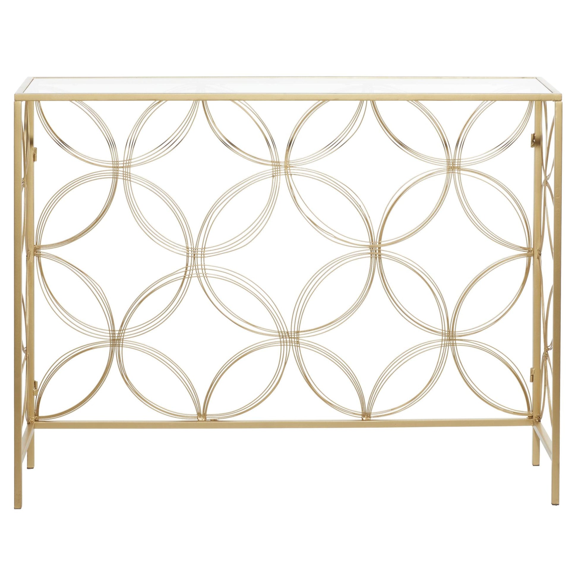 Geometric Gold Metal Open Style Quatrefoil Frame Living Room Console Table with Glass Top