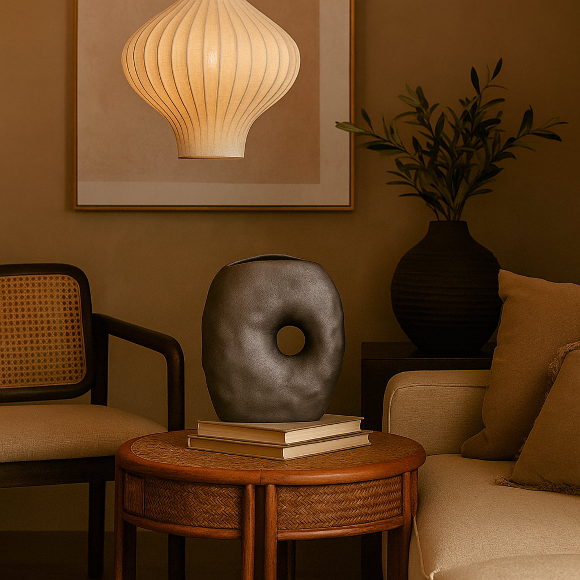 Abstract Gray Ceramic Wavy Donut Decorative Vase with Cutout Center