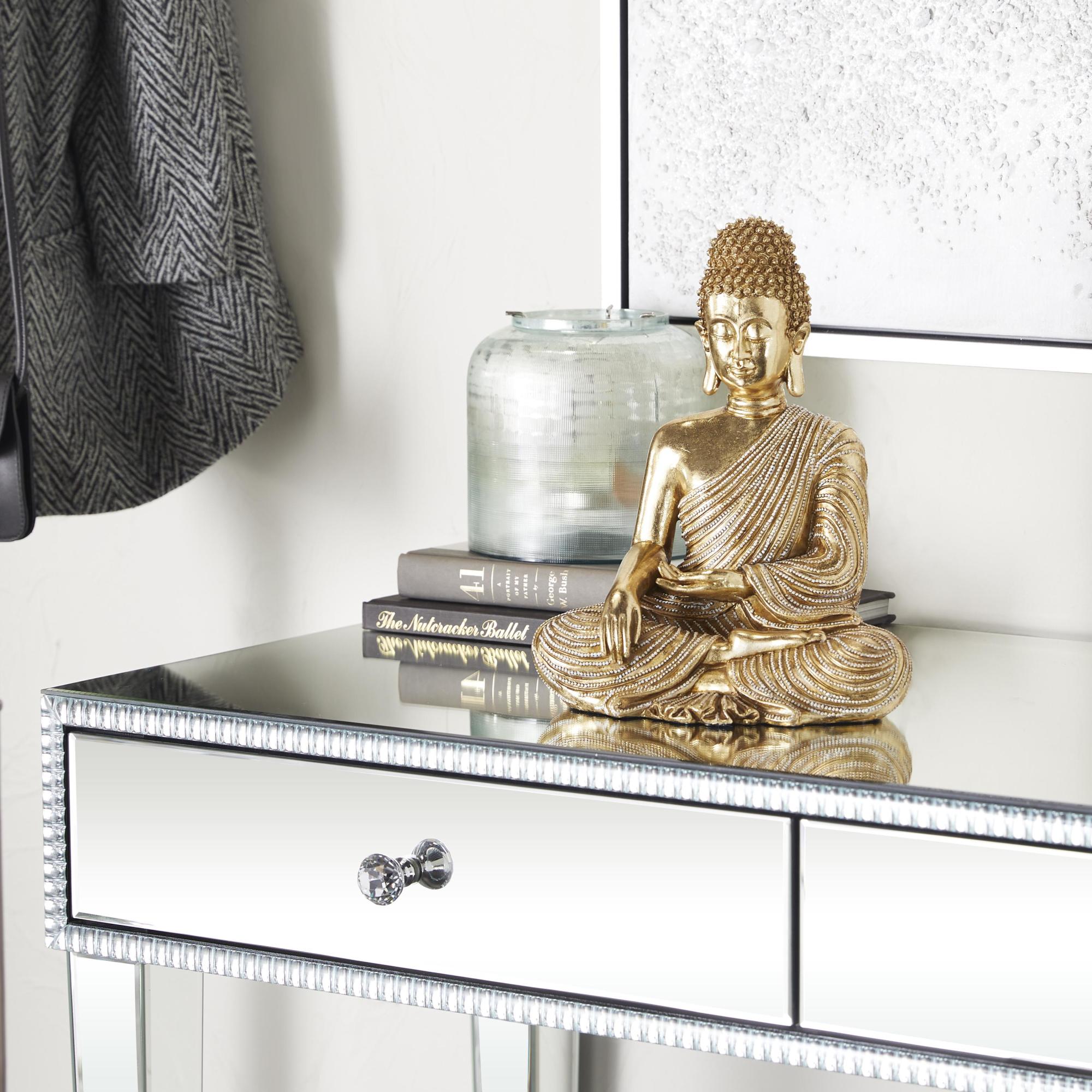 Buddha Gold Polystone Meditating Decorative Sculpture with Engraved Carvings and Relief Detailing