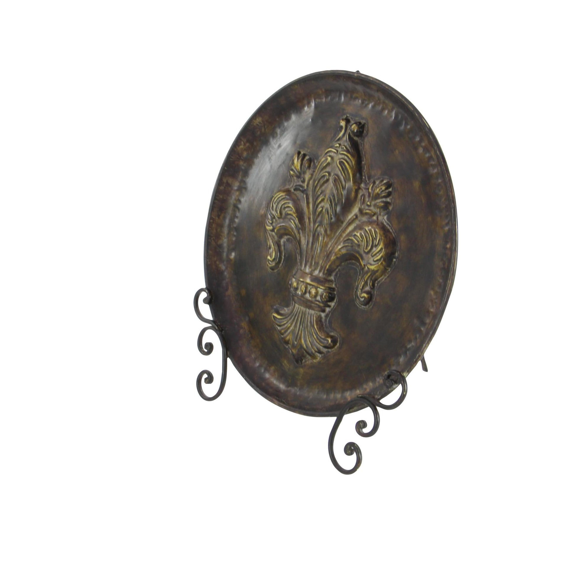 Fleur De Lis Brown Metal Embossed Detail Decorative Charger with Stand
