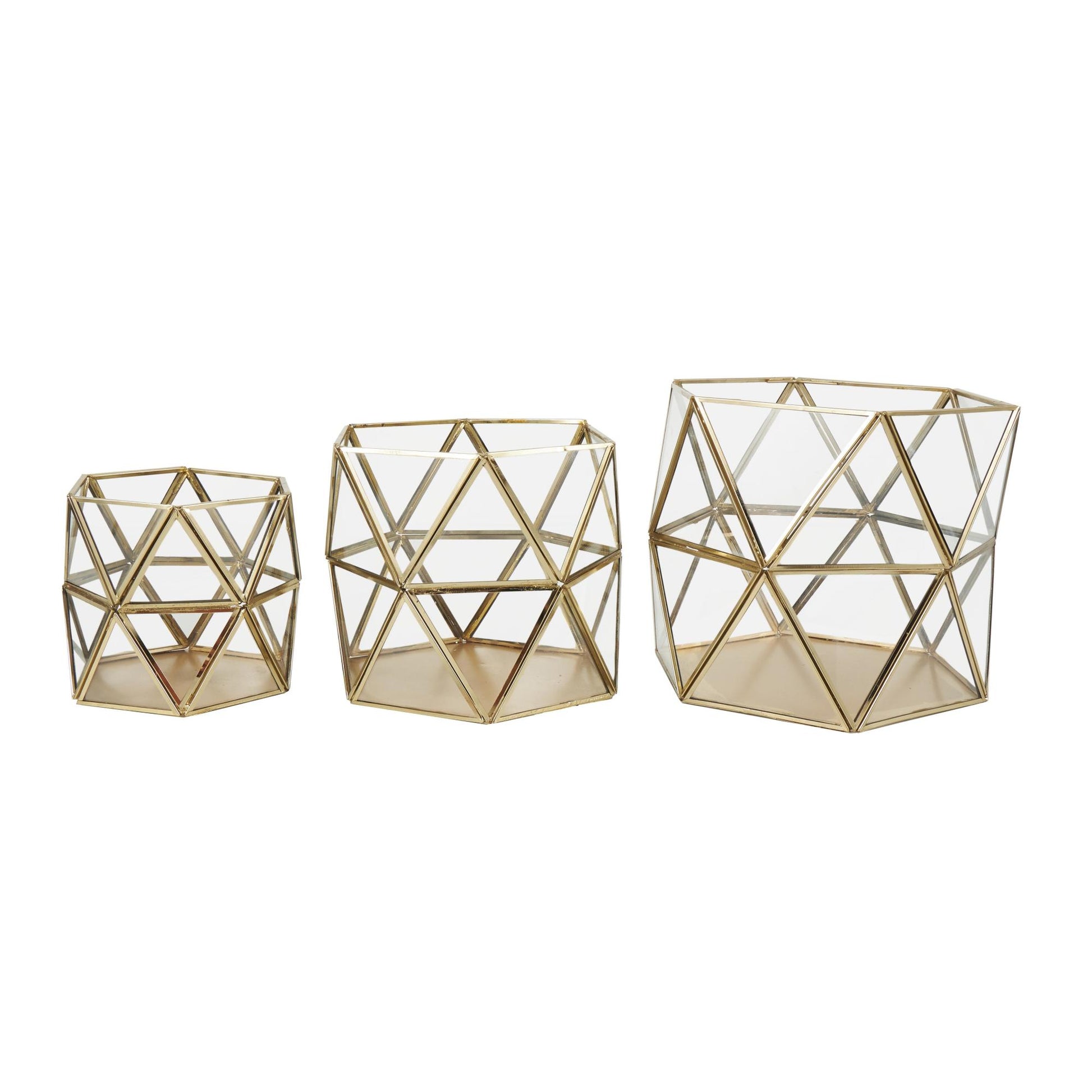 CosmoLiving by Cosmopolitan Set of 3 Geometric Gold Metal Diamond Patterned Hexagon Indoor Outdoor Candle Lantern