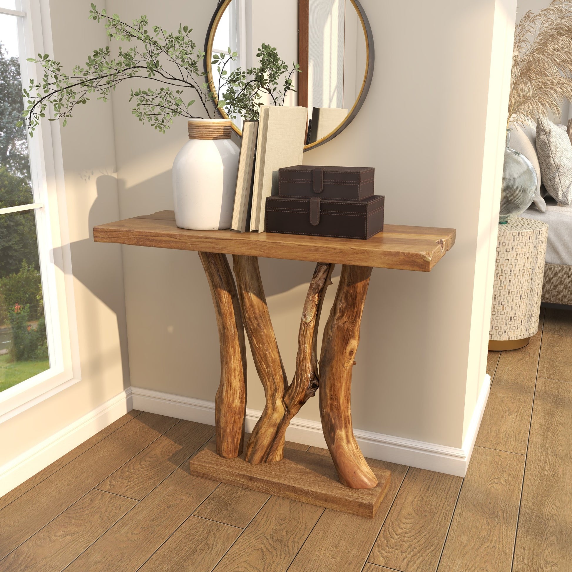 Brown Teak Wood Small Live Edge Tree Trunk Living Room Console Table
