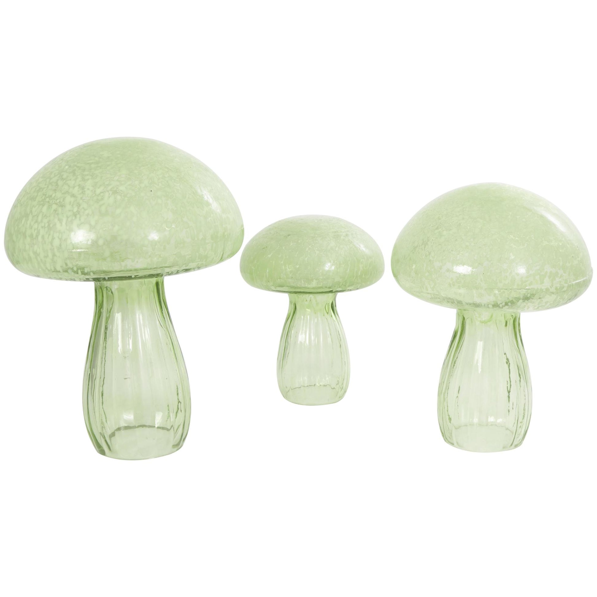 Set of 3 Mushroom Green Glass Textured Decorative Sculpture