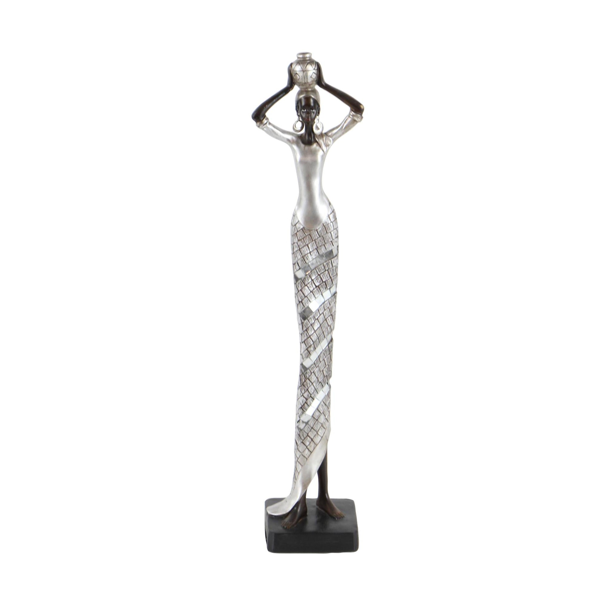 Woman Silver Polystone Standing African Decorative Sculpture with Mosaic Details