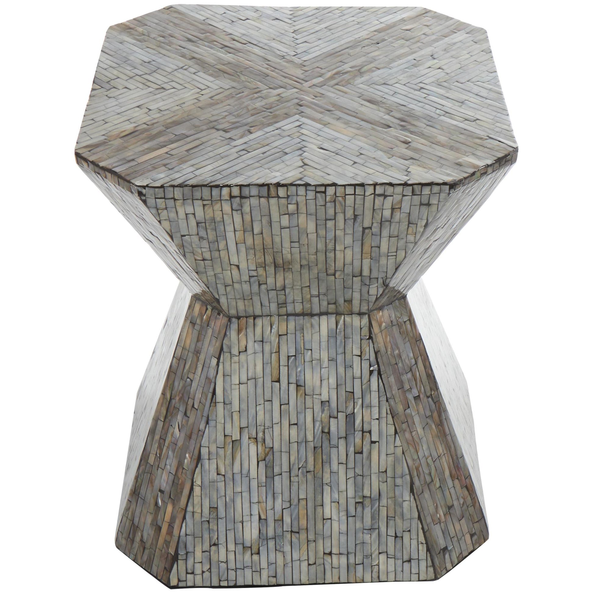 Geometric Gray Mother of Pearl Shell Handmade Hourglass Side End Accent Table with Linear Mosaic Pattern