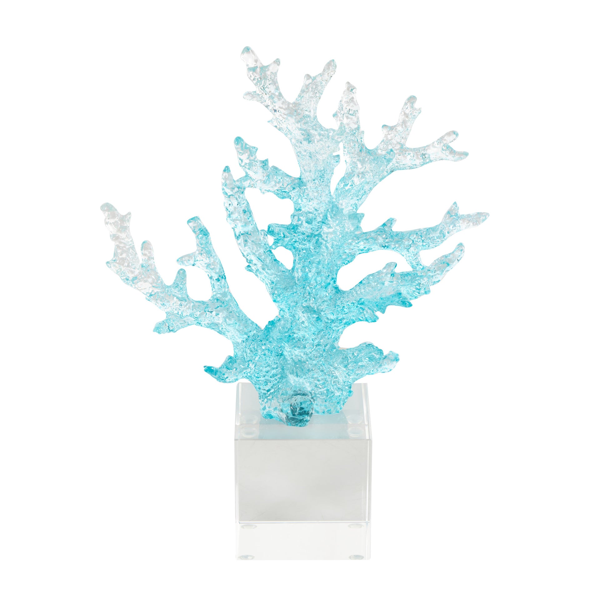 Coral Blue Glass Ombre Decorative Sculpture with Clear Square Base
