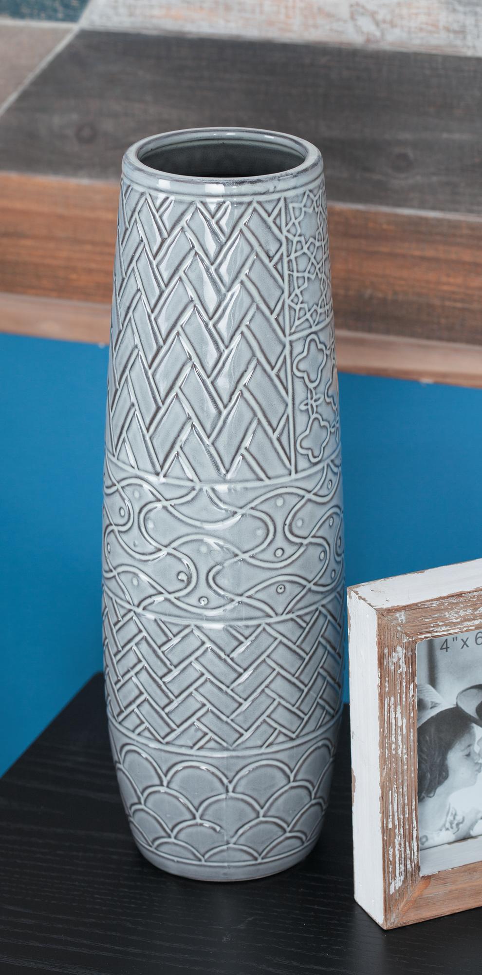 Gray Ceramic Slim Engraved Patterned Decorative Vase with Varying Patterns