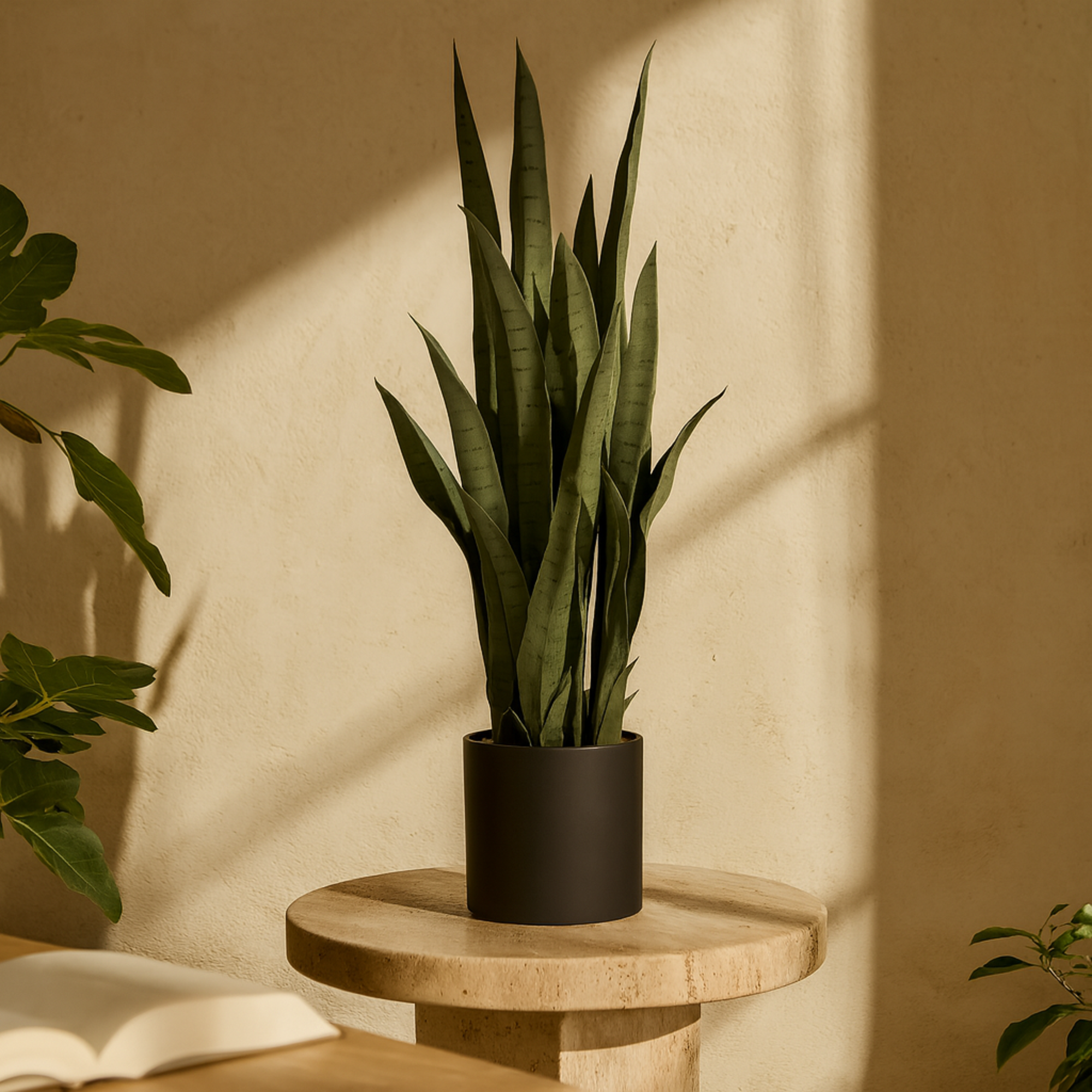 Snake Green Faux Foliage Indoor Outdoor Artificial Plant with Black Porcelain Pot and Stone Details