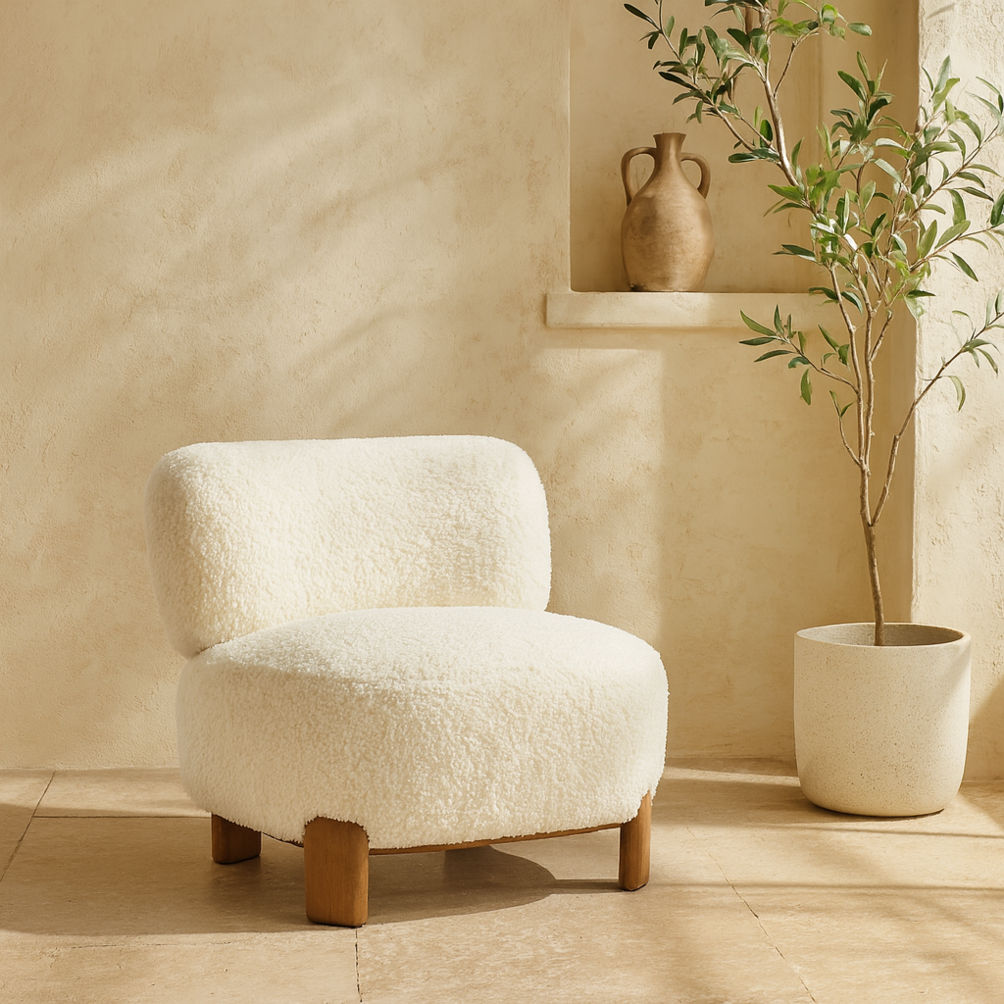White Polyester Living Room Accent Chair with Brown Wooden Legs