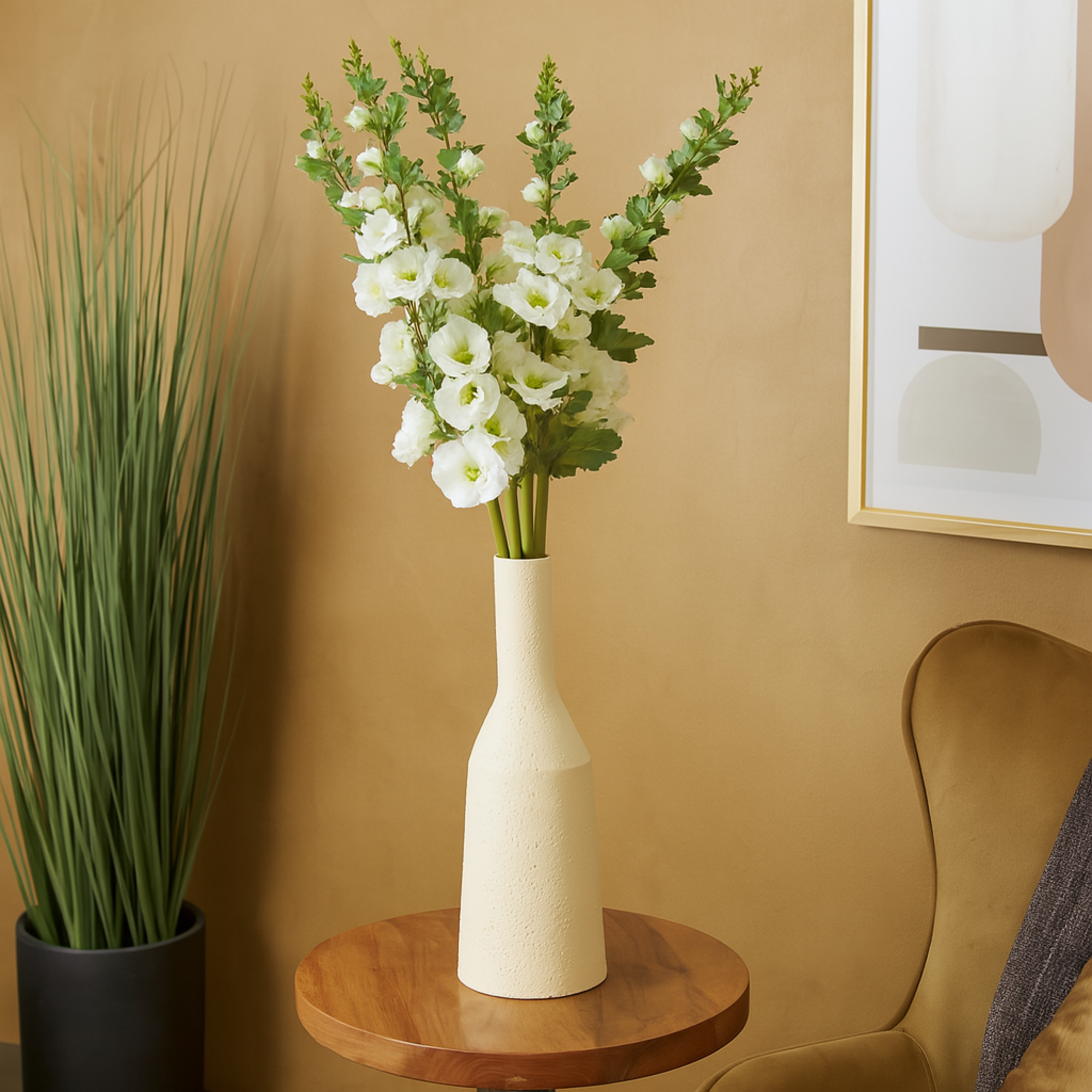 Set of 8 Hollyhock White Faux Foliage Tall Indoor Outdoor Artificial Flower Stem with Blue Accents