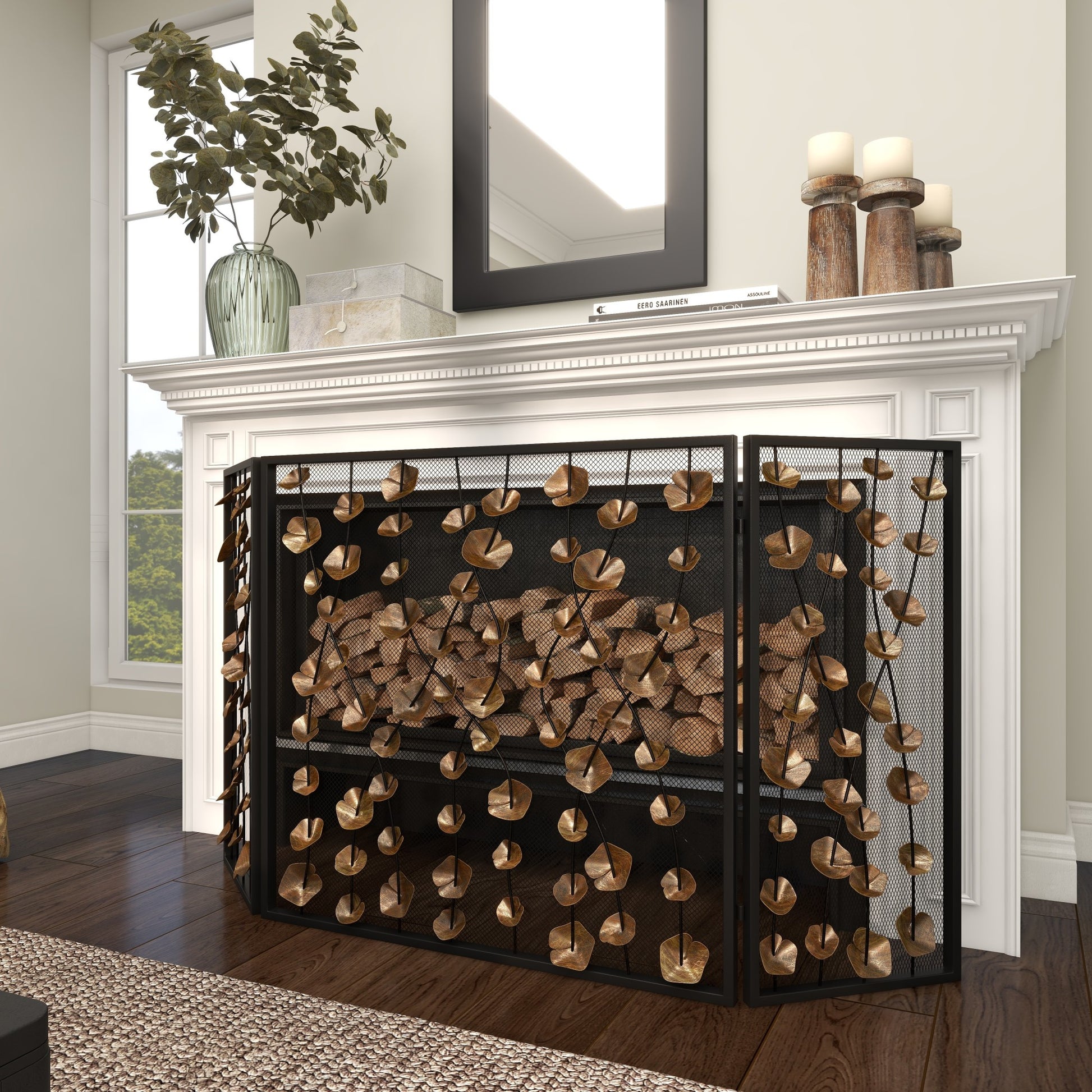Floral Gold Metal Foldable Mesh Netting 3 Panel Living Room Fireplace Screen with 3D Floral on Vines