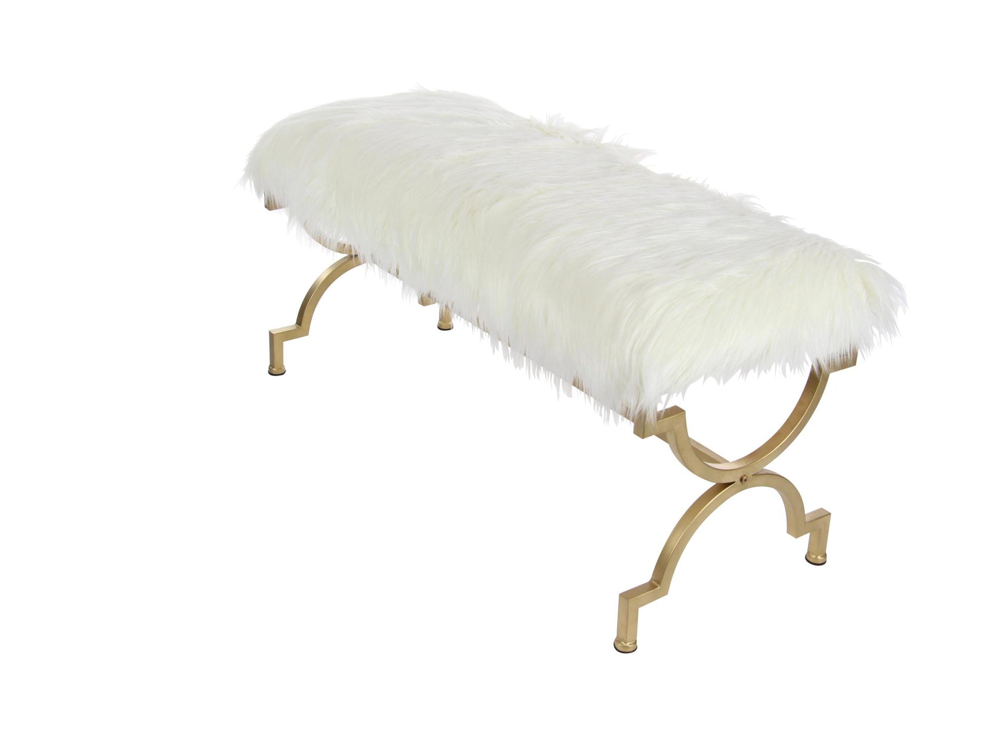 Gold Metal Home Bench with White Faux Fur Top