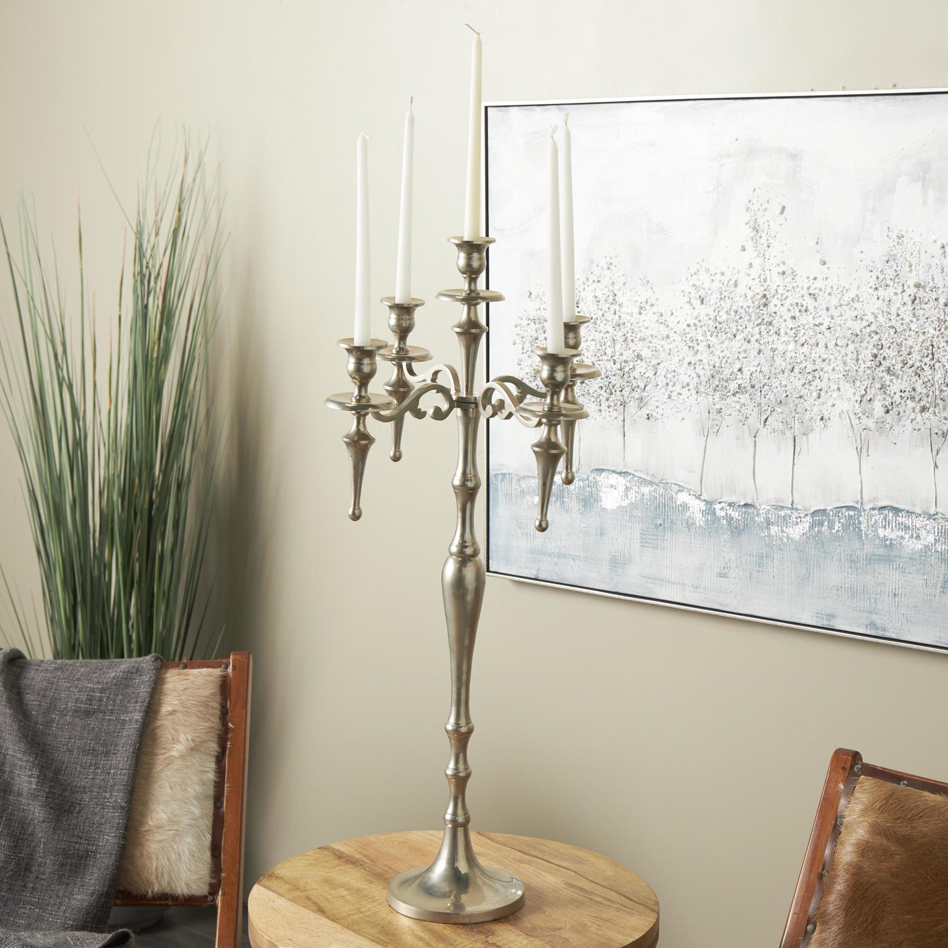 Scroll Silver Aluminum Metal Turned Floor 5 Plate Decorative Candelabra