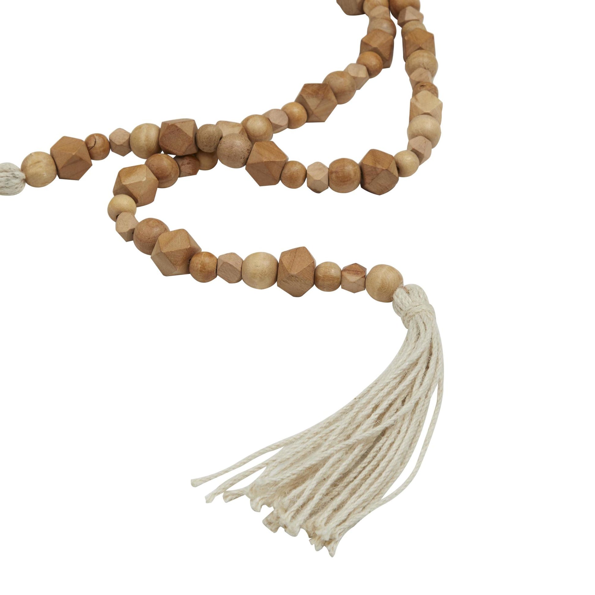 Mango Wood Handmade Hexagon Carved Geometric Long Beaded Garland with Tassel