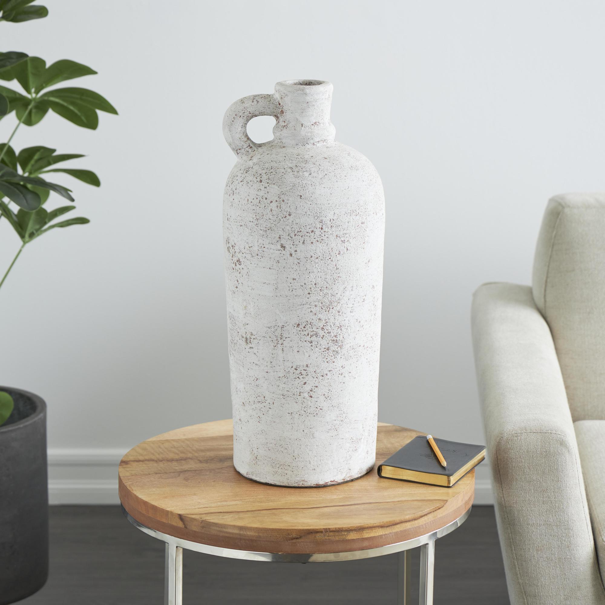 White Ceramic Antique Style Textured Decorative Vase with Curved Handle