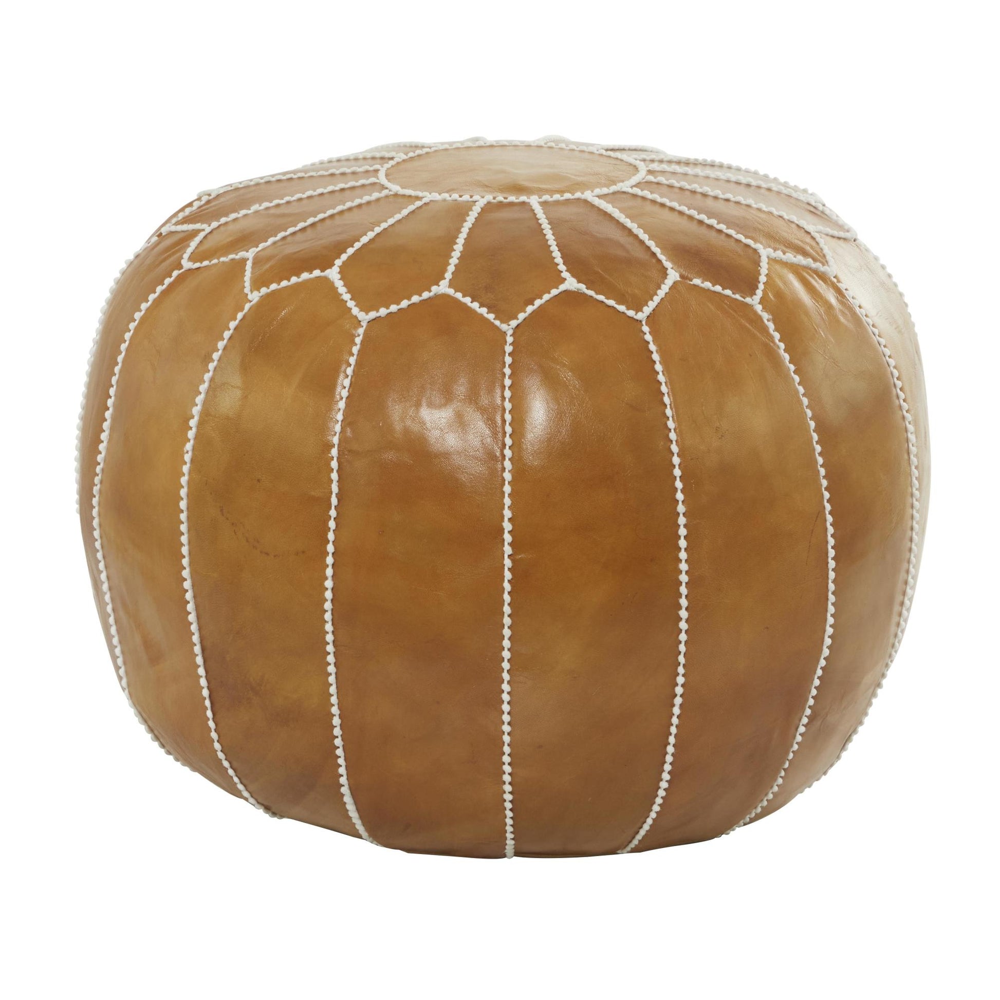 Floral Leather Moroccan Stuffed Pouf with White Stitching