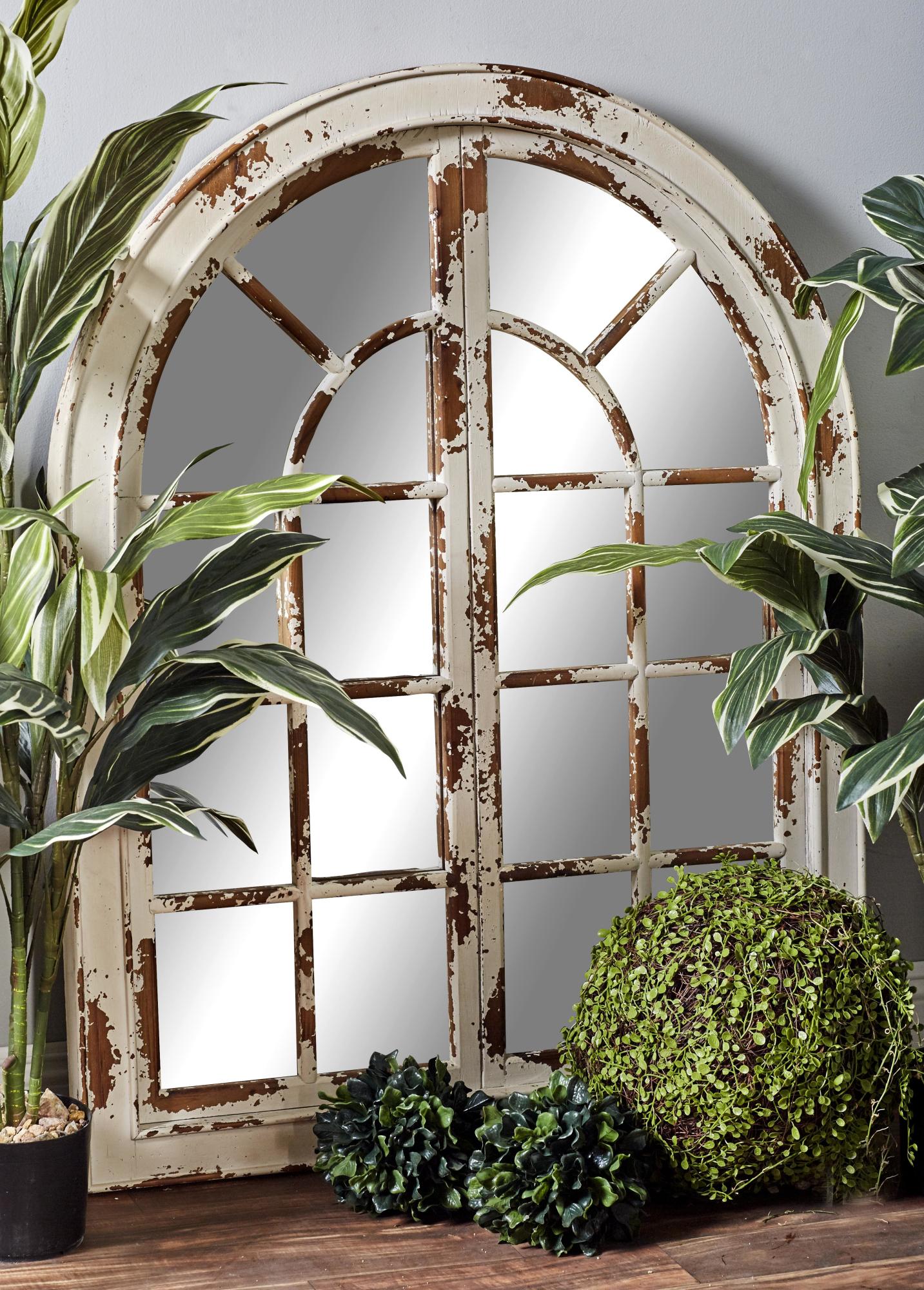 Wood Window Pane Inspired Room Wall Mirror with Arched Top and Distressing