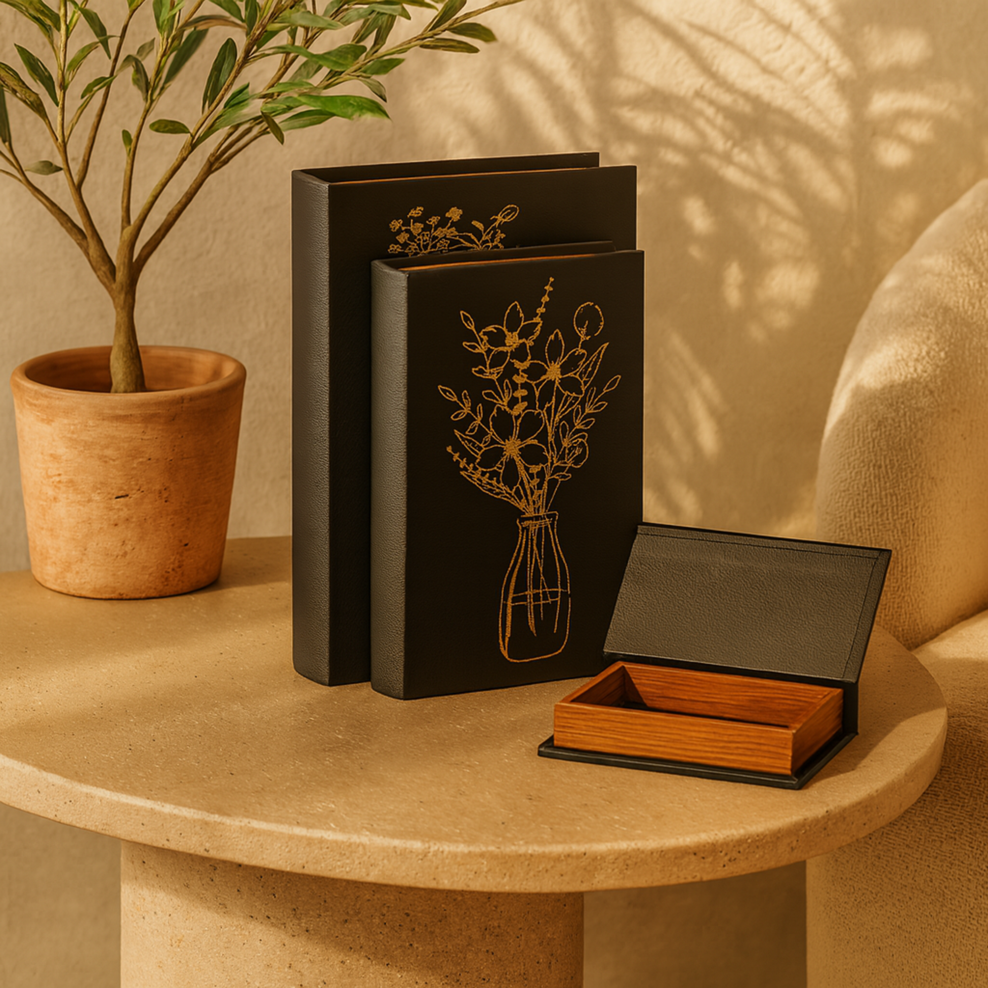 Set of 3 Floral Black Faux Leather Outline Faux Book Storage Decorative Box with Metallic Gold Accents