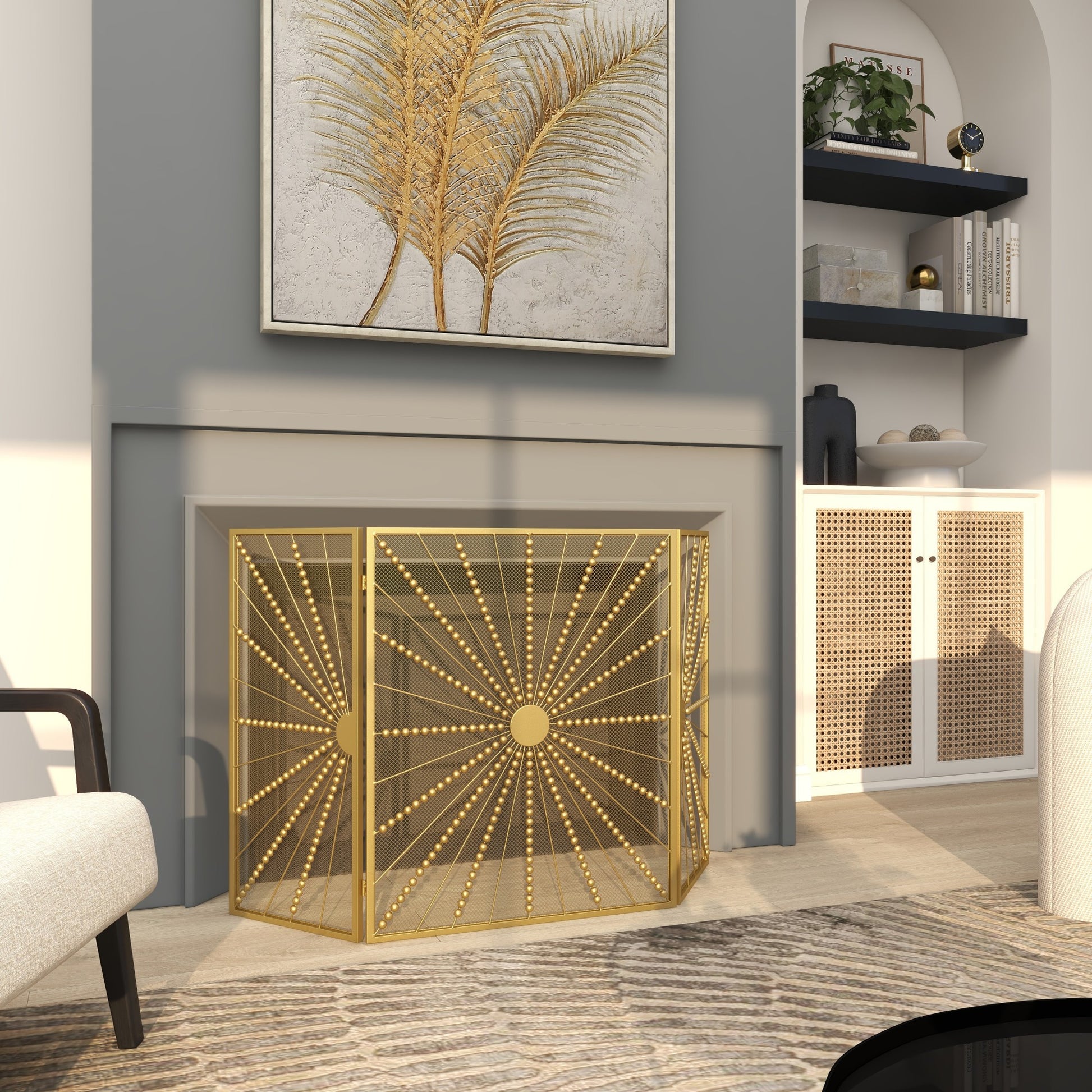 Starburst Gold Metal 3 Panel Living Room Fireplace Screen with Beaded Rays