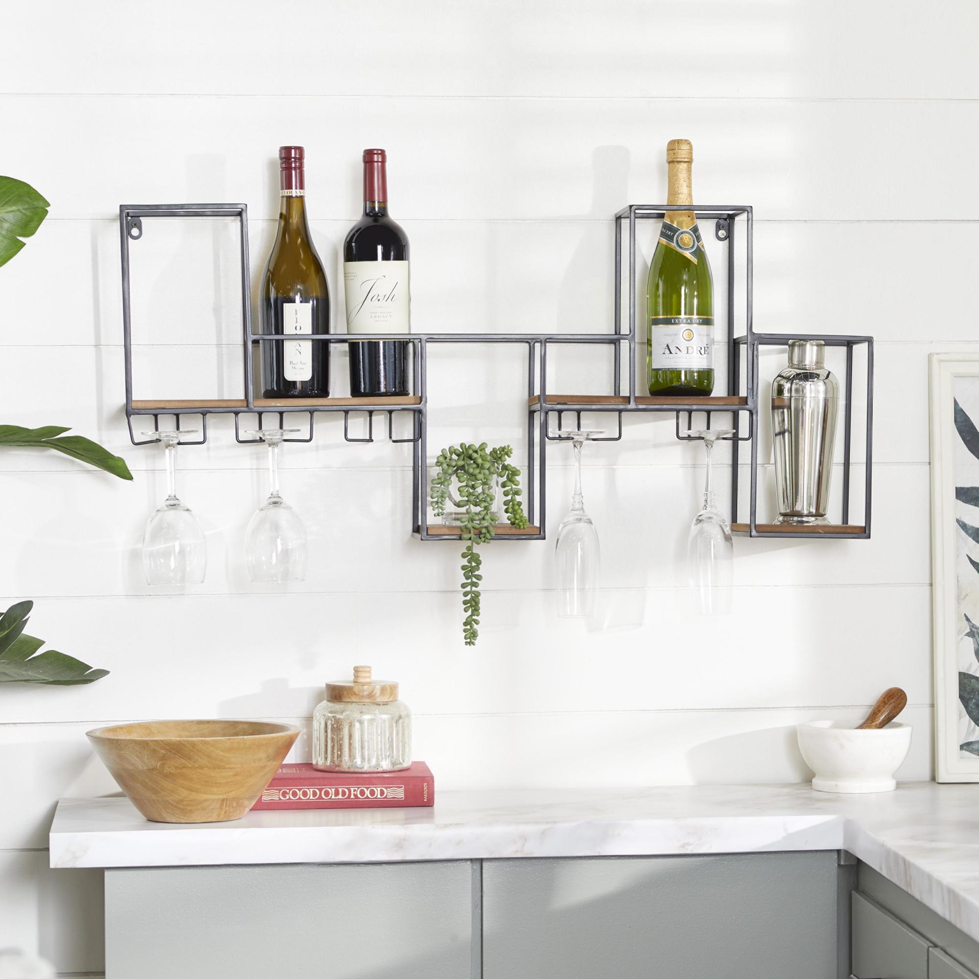 Geometric Black Metal 7 Bottle Display Wall Wine Rack with 5 Glass Holder Slots