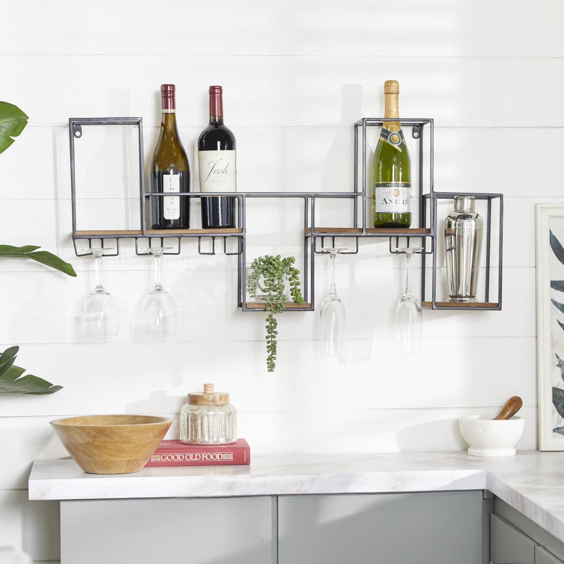 Geometric Black Metal 7 Bottle Display Wall Wine Rack with 5 Glass Holder Slots