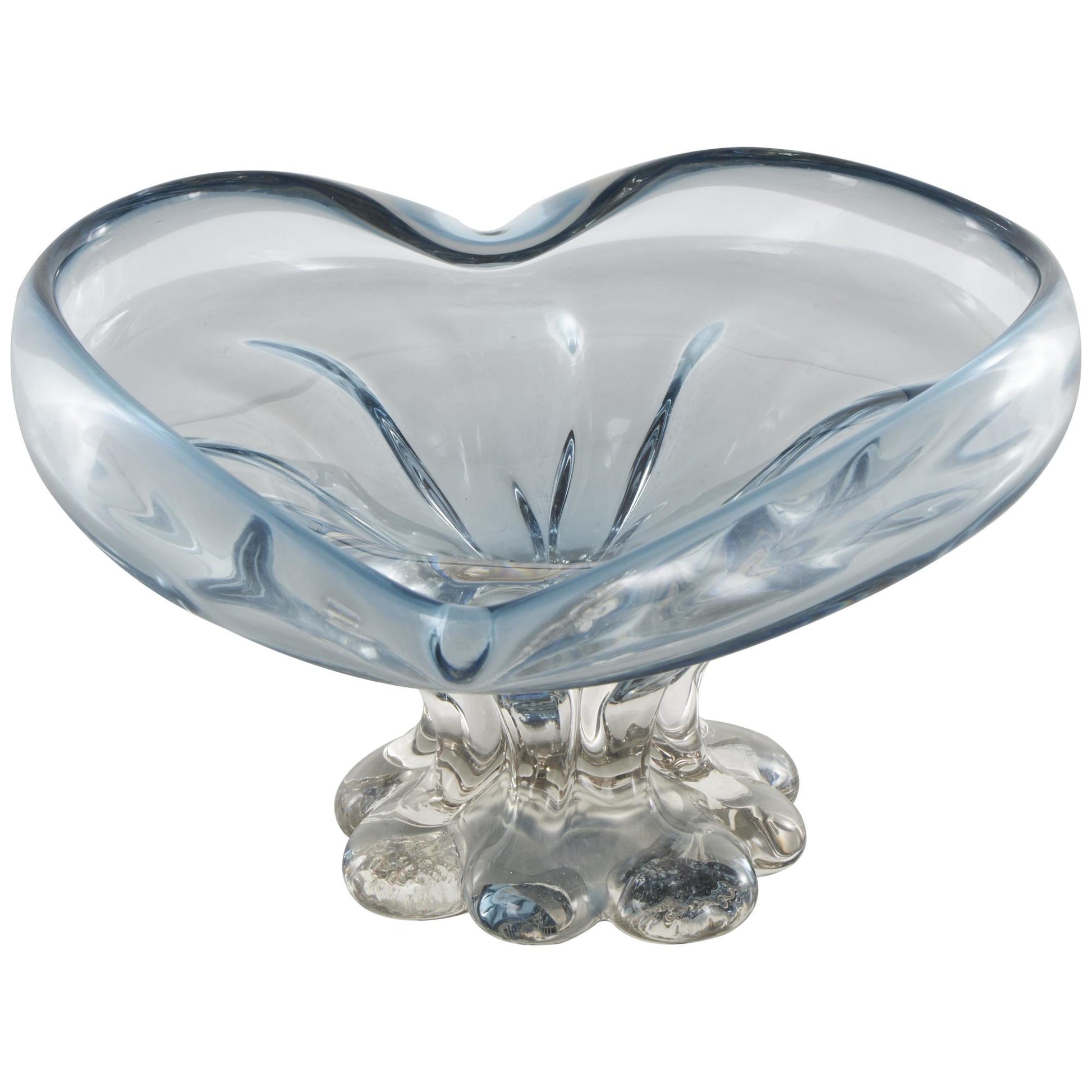 Heart Blue Glass Ombre Large Decorative Bowl with Folded Curve Opening and Scalloped Base