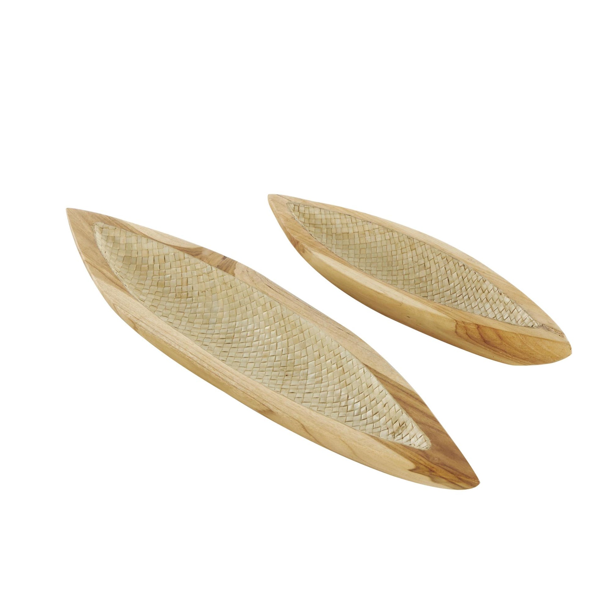 Set of 2 Boat Brown Teak Wood Handmade Carved Living Room Decor Tray with Woven Palm Leaf Interior