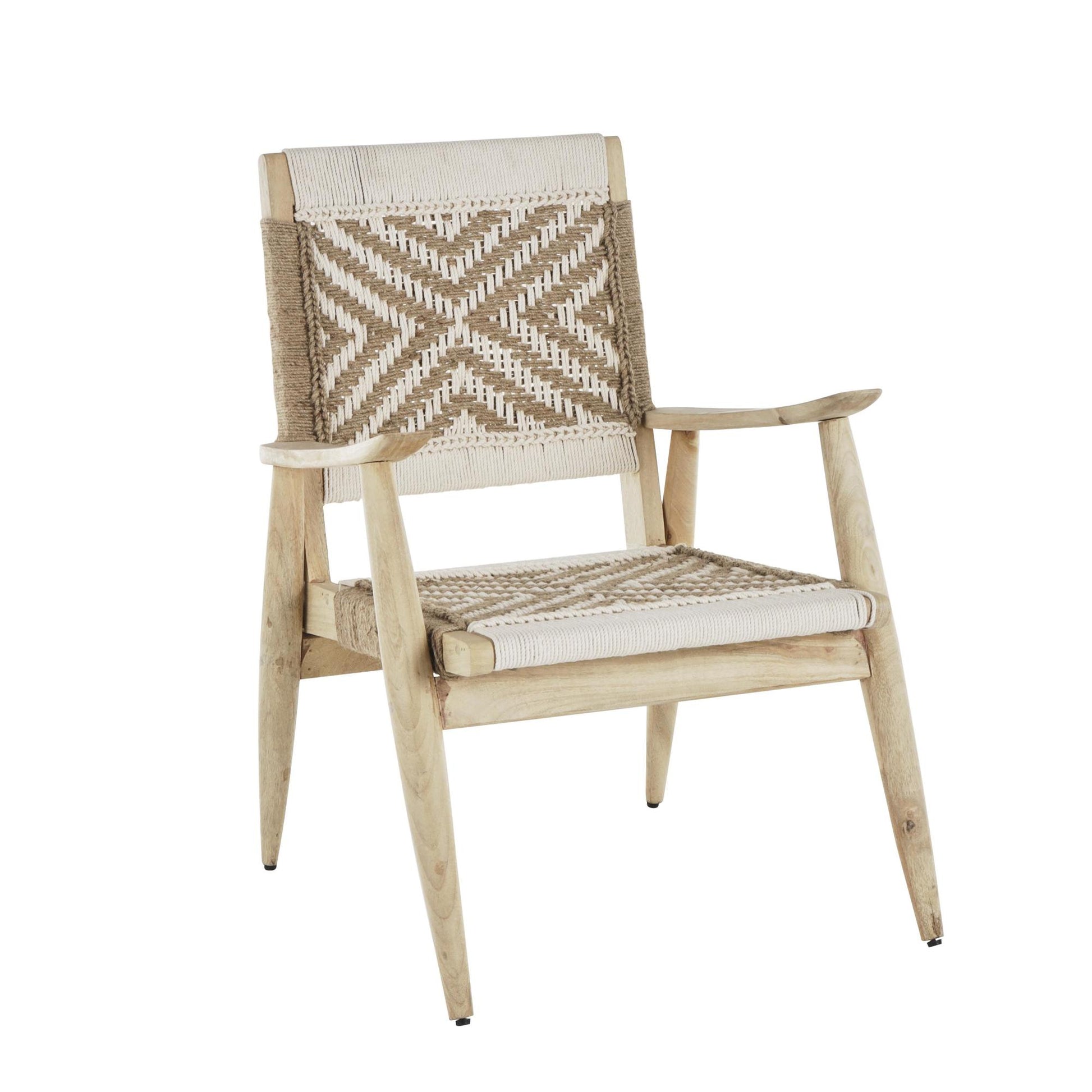 Jute Rope Handmade Geometric Patterned Woven Living Room Accent Chair with Brown Mango Wood Frame 23" x 23" x 33"