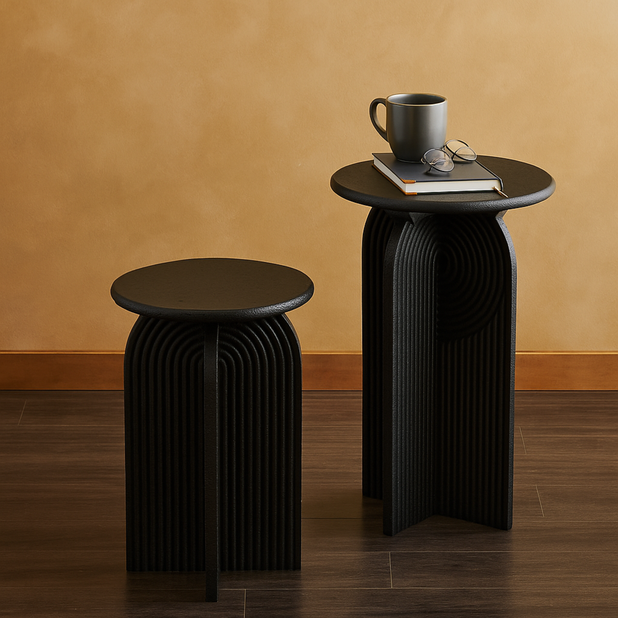 Set of 2 Geometric Black Wood Sandstone Carved Art Deco Arched Pedestal Side End Accent Table