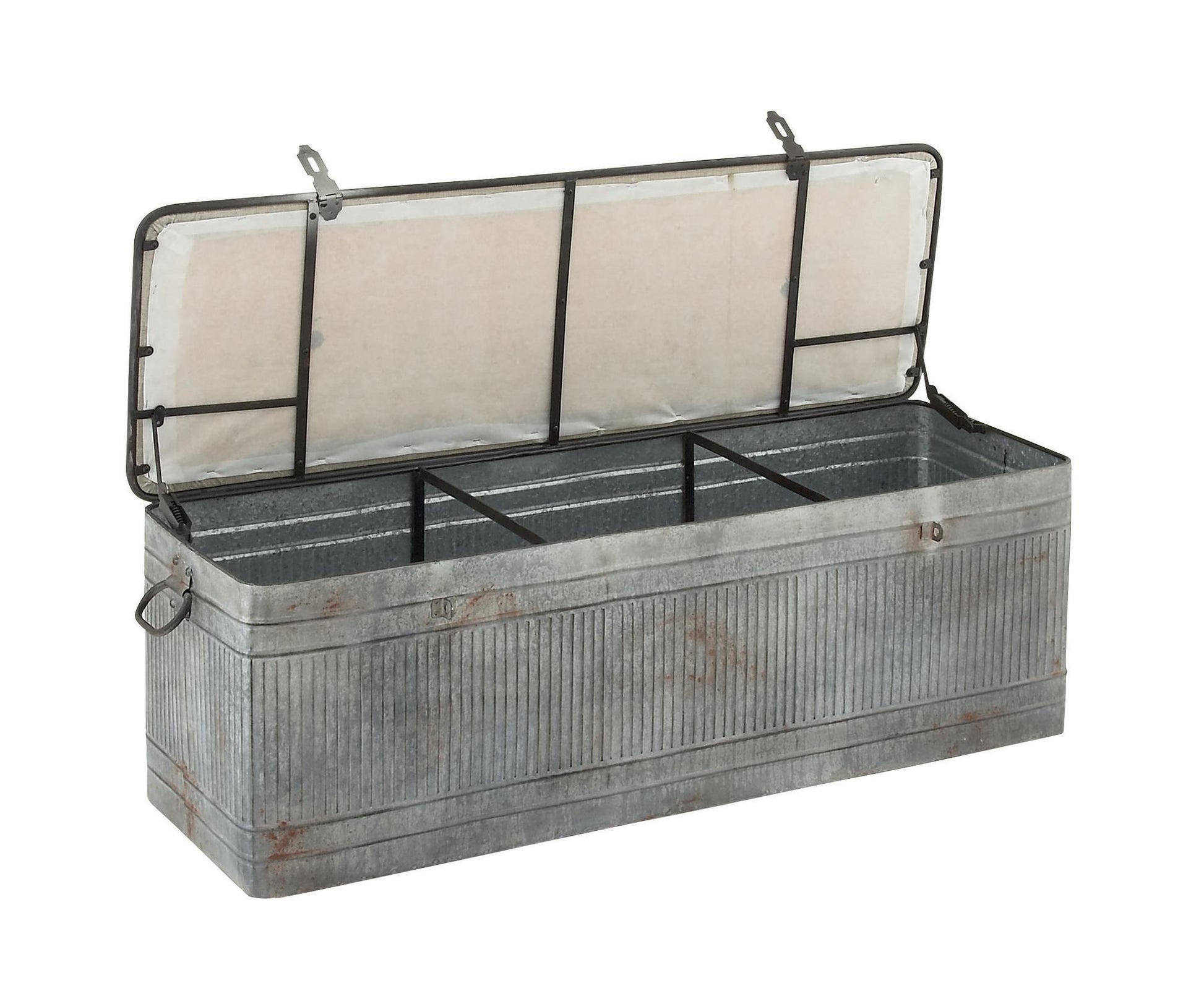 Gray Metal Galvanized Room Storage Bench with Cream Burlap Top and Black Latches