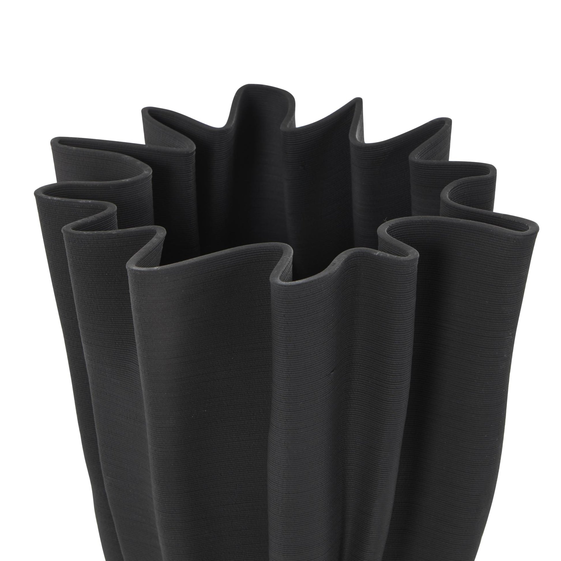 Abstract Black Ceramic Dimensional Ribbed Tulip Decorative Vase with Angular Rim