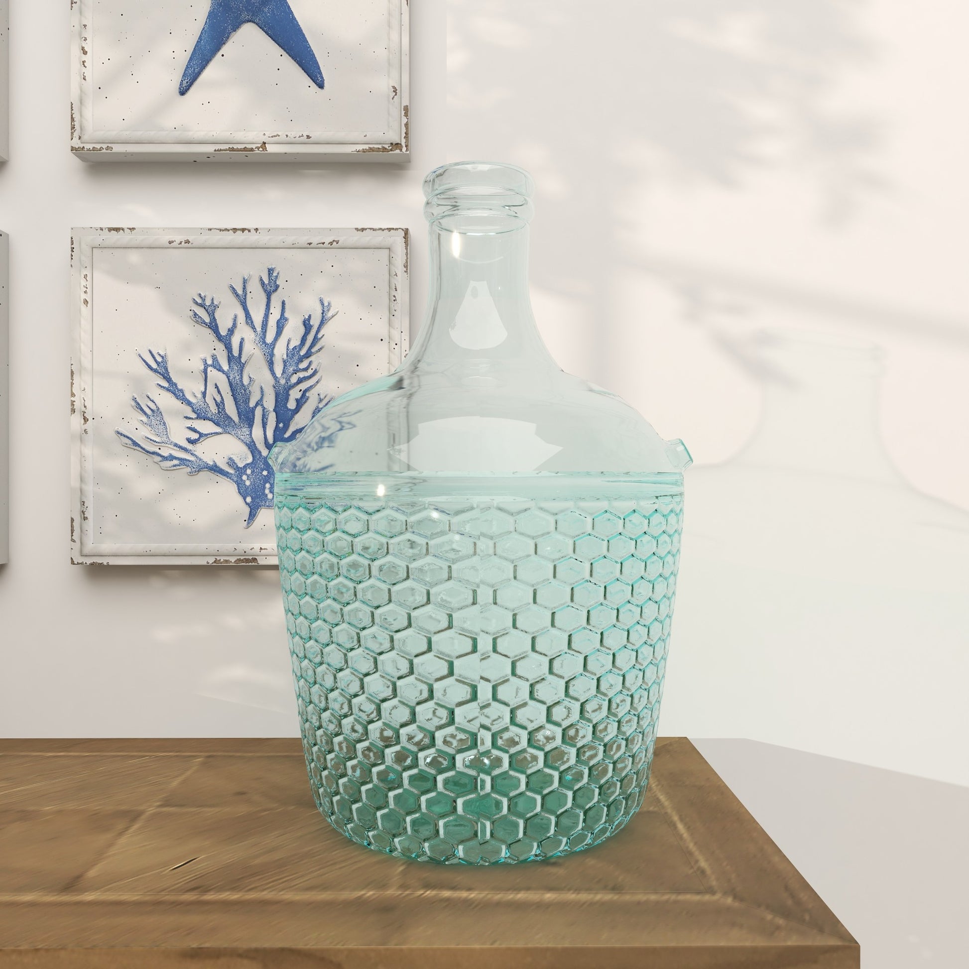 Recycled Glass Handmade Spanish Bottle Decorative Vase with Cabernet and Scroll Design 12" x 12" x 17"