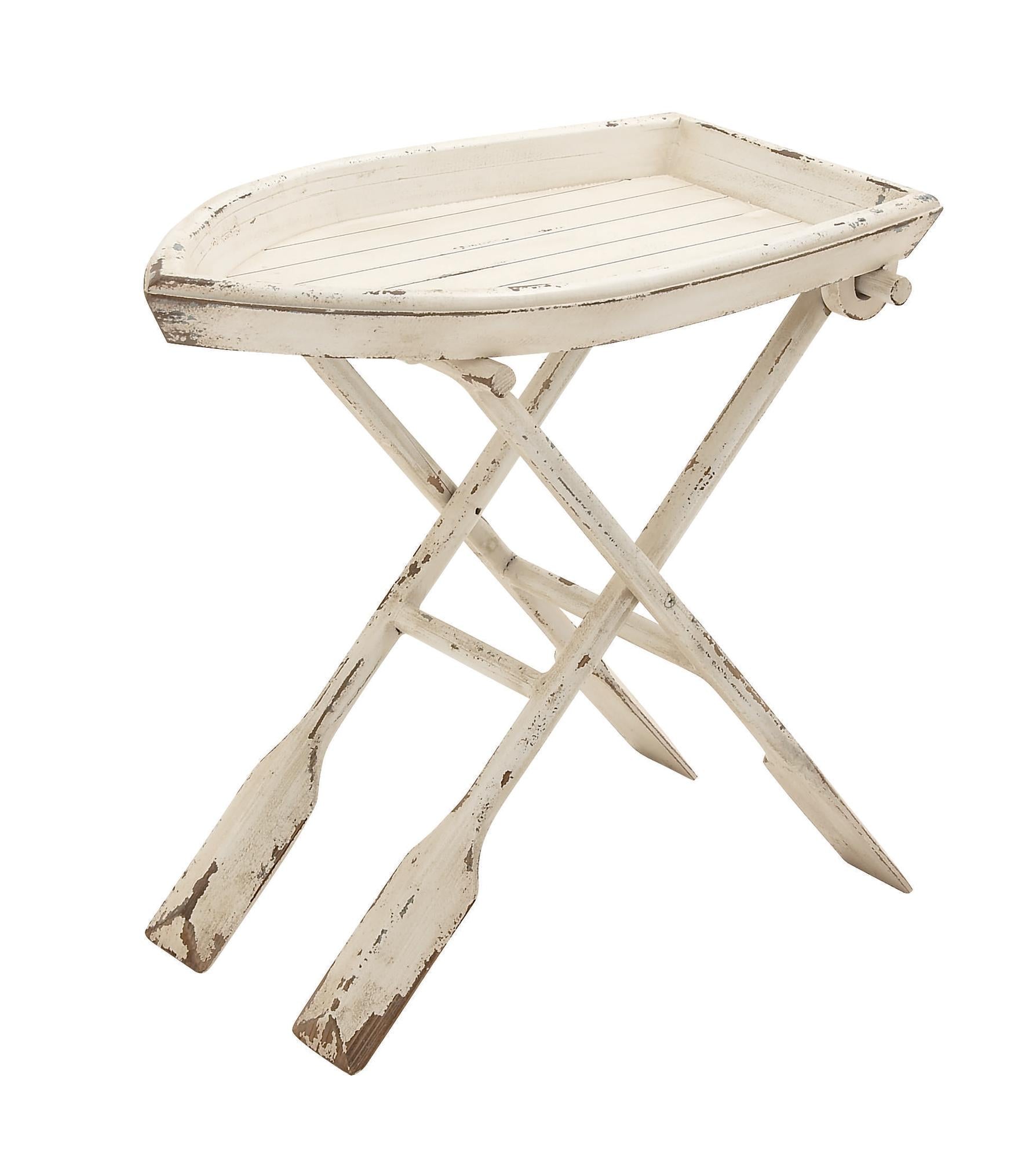 Boat White Wood Tray Top Side End Accent Table with Oar Inspired Legs
