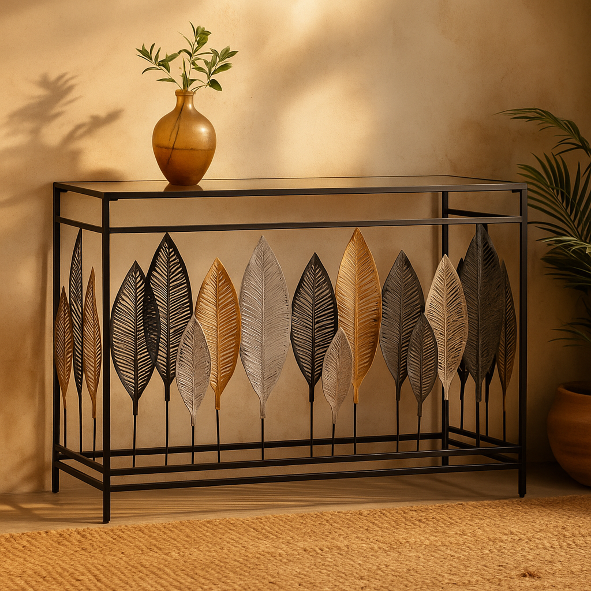 Leaf Metal Living Room Console Table with Mirrored Glass Top 44" x 15" x 30"